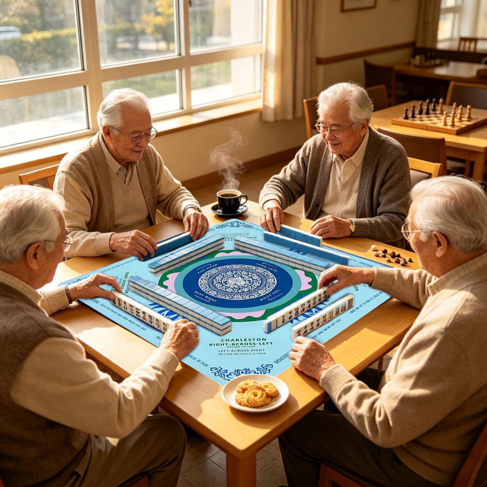 Mata mahjongowa na stół 80 x 80 cm z nadrukowanymi zasadami gry | Mahjong podkładka na stół do centrów społeczności, domów seniorów, festiwali, spotkań, podróży i dla początkujących