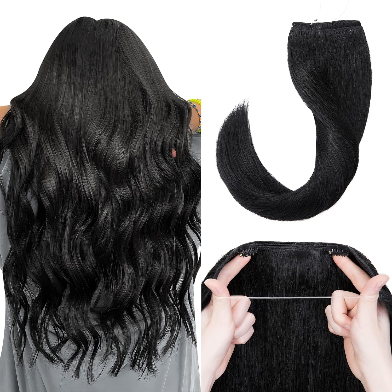 Halo Hair Extensions Real Human Hair, MY-LADY Adjustable Halo Extensions Real Human Hair, 20 inch Jet Black Women's Long Straight Hair Invisible Wire Hair Extensions