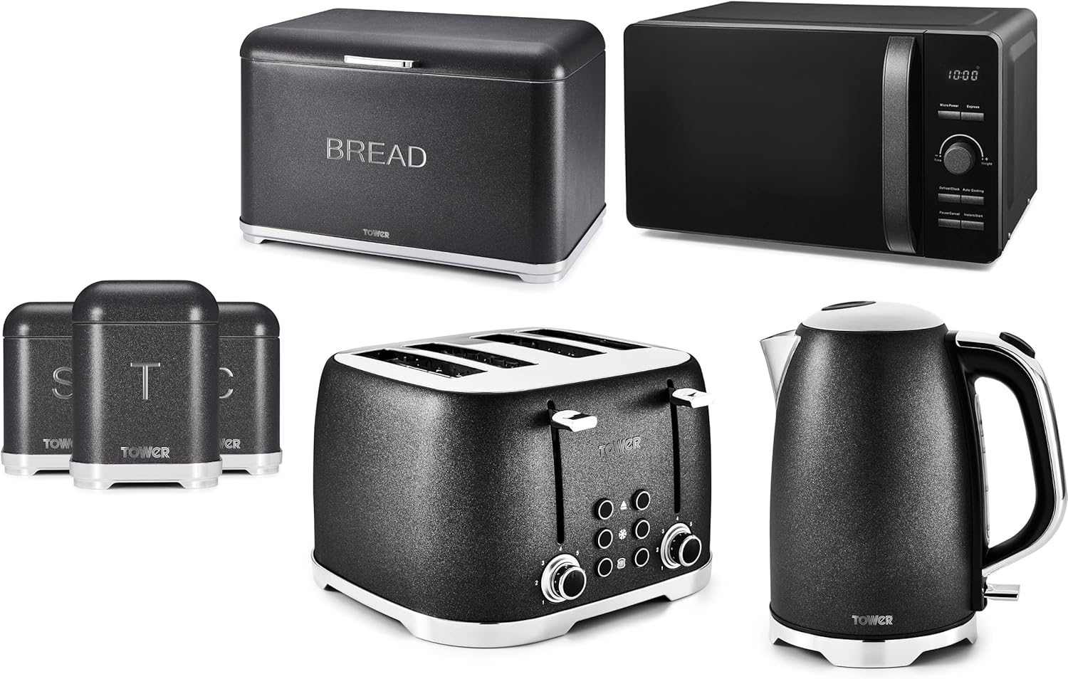 Tower Glitz Noir 3KW 1.7L Jug Kettle, 4 Slice Toaster, 800W 20