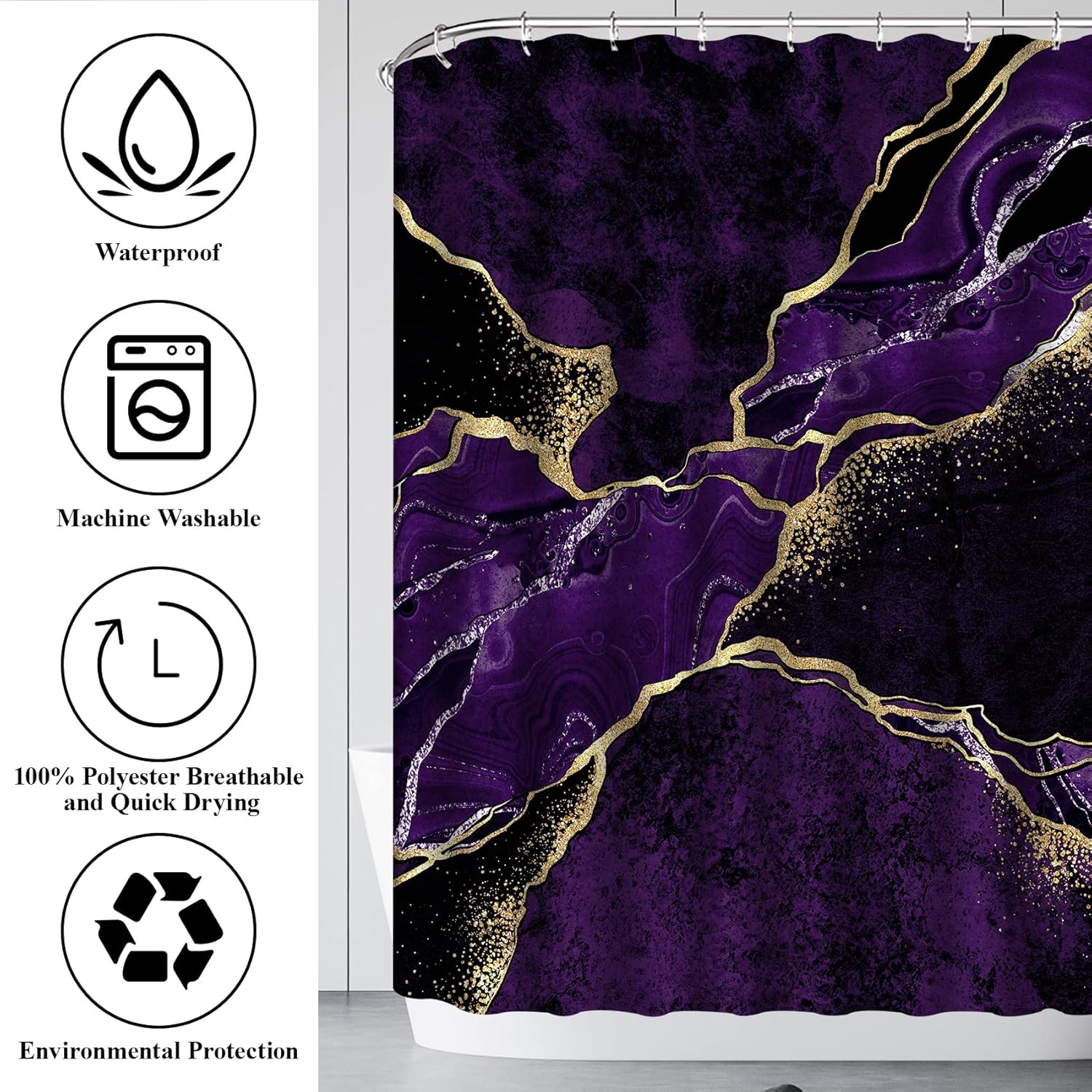 4 Pcs Purple Marble Shower Curtain Sets, Gold Cracked Lines Black Bathroom Decor, Rug Toilet Lid Cover and Non-Slip U Shape Mat, Abstract Modern Luxury Waterproof Shower Curtain with 12 Hooks, 72 x 72
