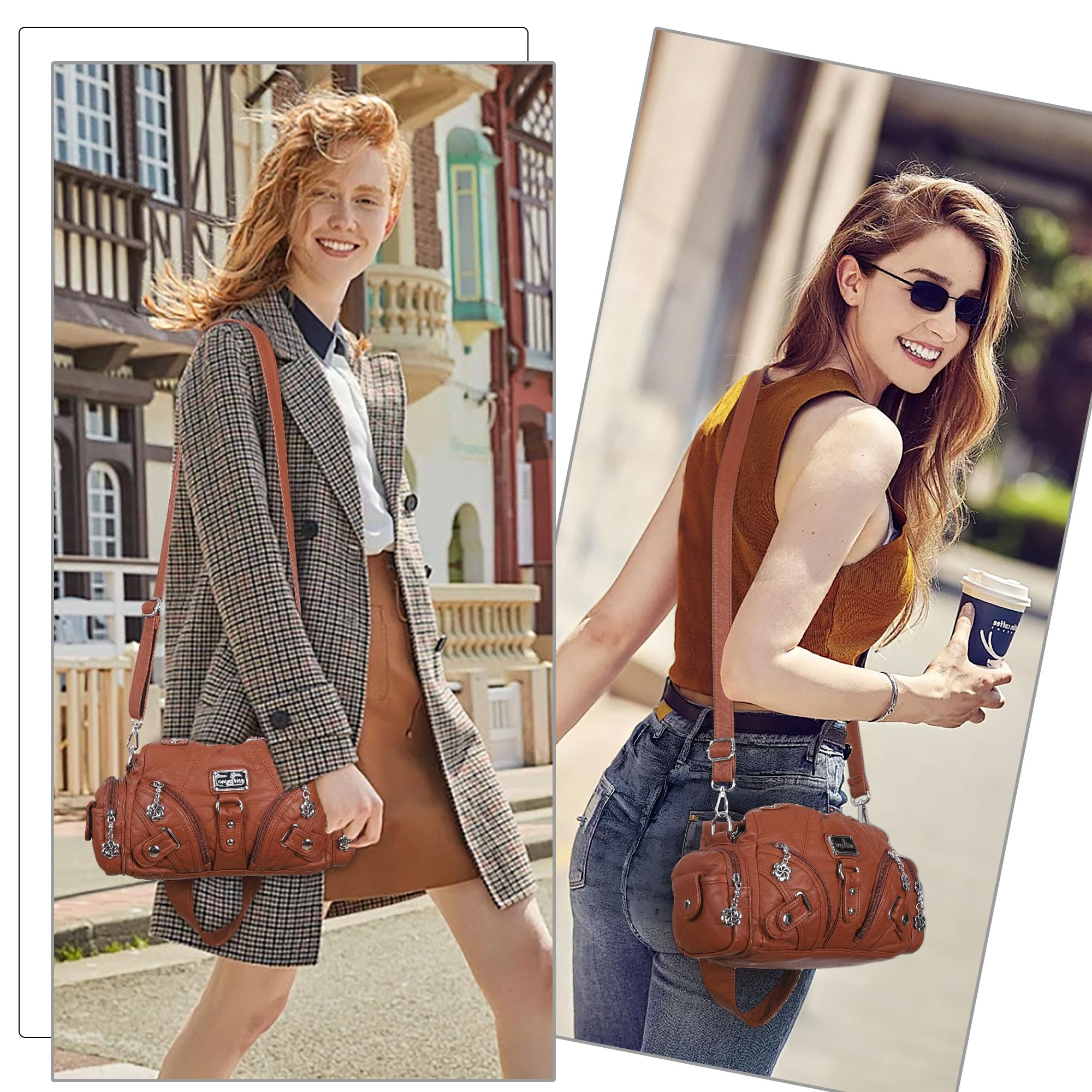Angel Kiss Purses for Women Small Hobo Shoulder Bags Vagen Leather Multi-Pocket Tote Bag with Zipper: Brown 2