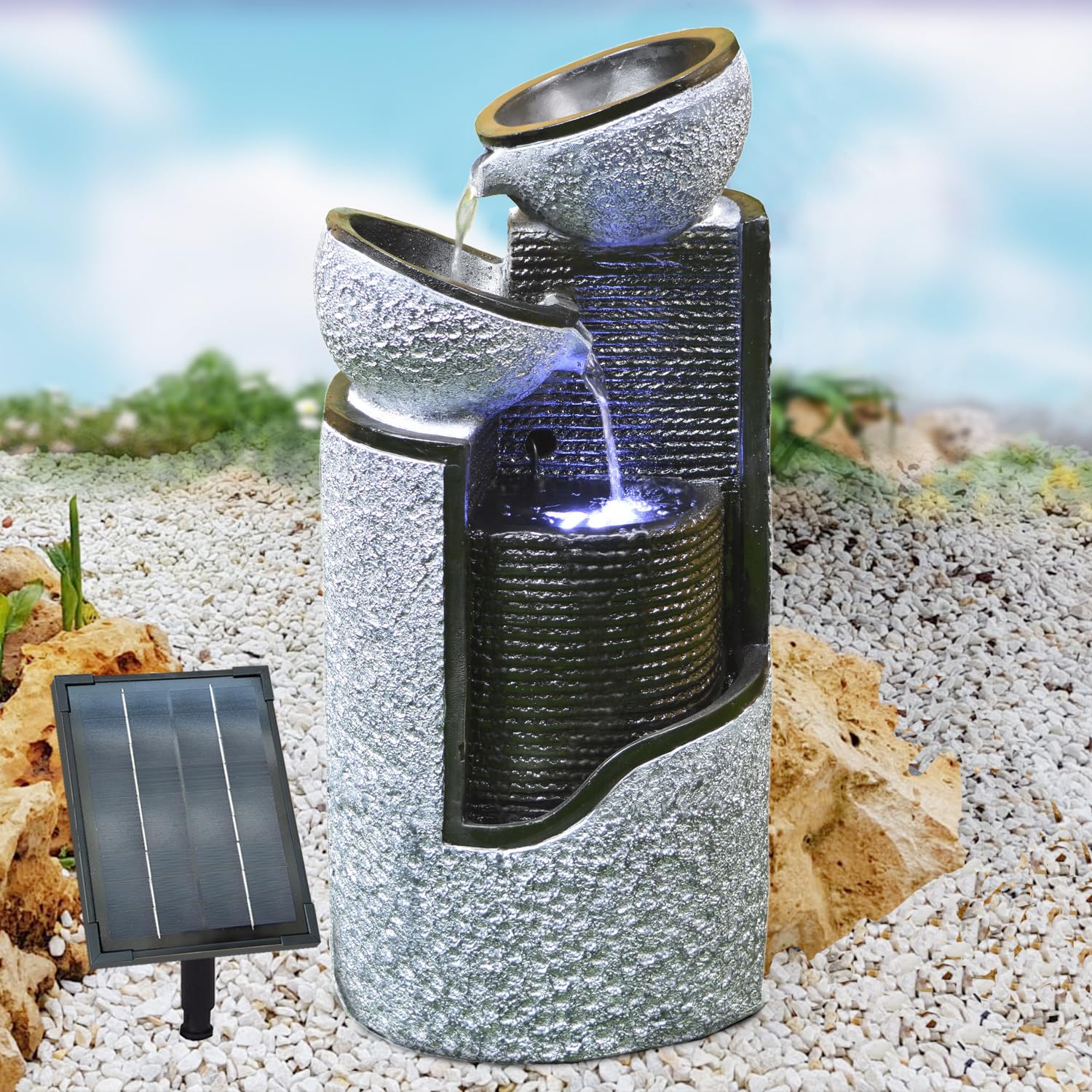 Fuente Solar Decorativa para Jardín con Bomba, Cascada y Luz - Baño para Pájaros y Estanque