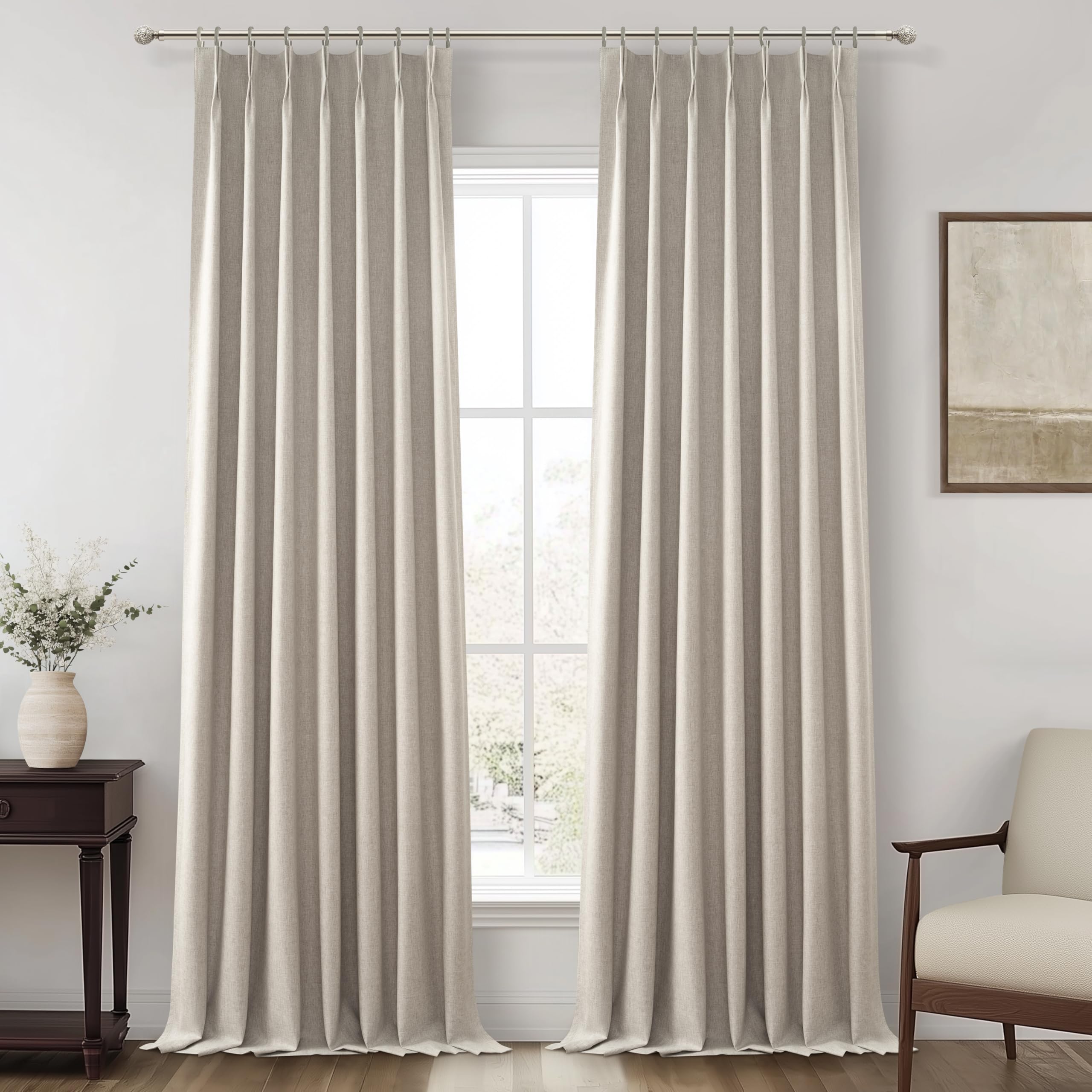 Grey Beige Taupe Viral Curtains with French Pinch Pleat Clips& White Backing, Thermal Living Room/Bedroom Linen Blackout Curtain 96 Inches Long 2 Panels Set Window Boho Summer Drapes (40"Wx96"L)