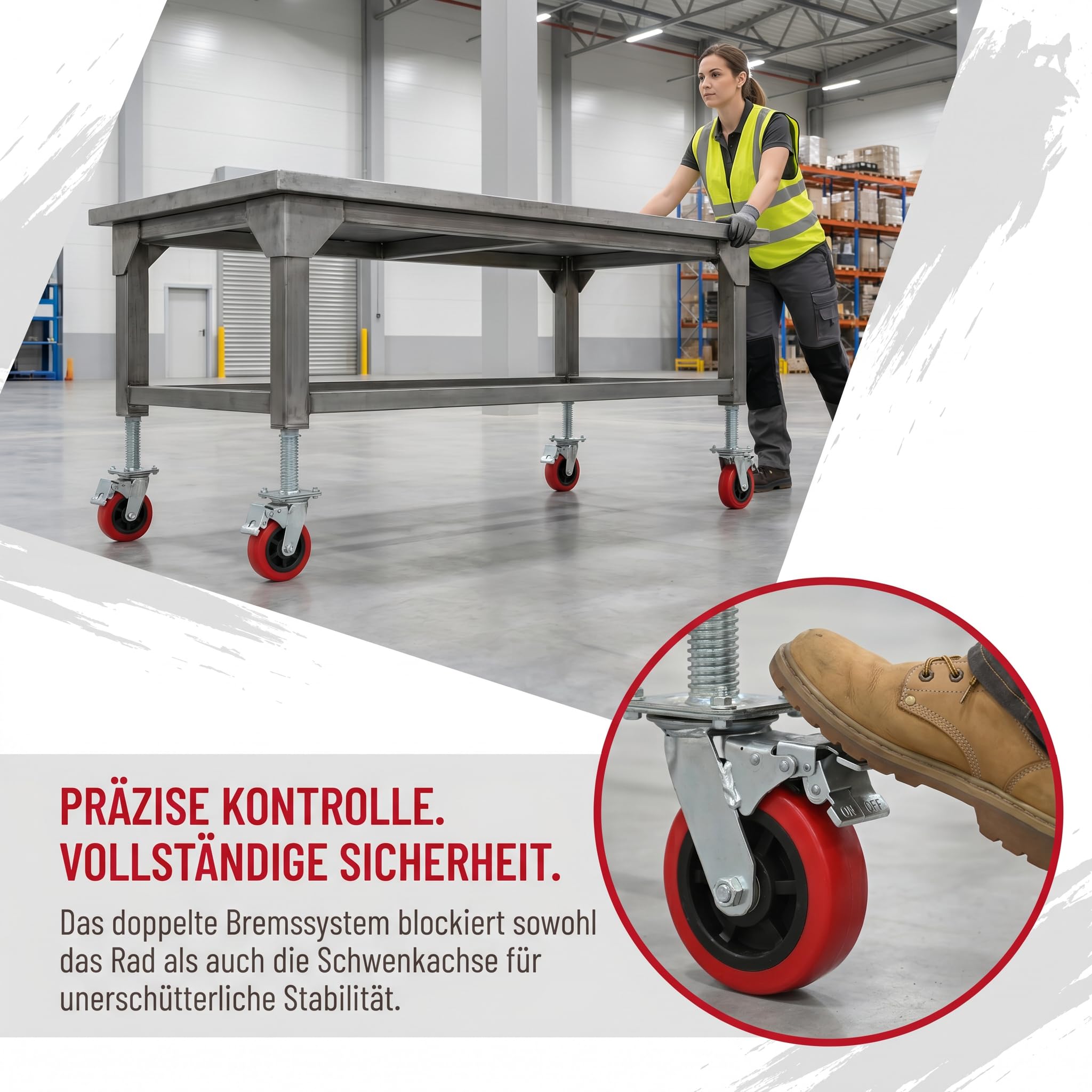 6 Zoll Schwerlast Gerüst Lenkrollen Rot Doppelt Gebremst, 4 Stück | 300 mm Stahlspindel als Gerüstspindel, 6202 Doppelkugellager, Für Arbeitsgerüste und Rollgerüste, Tragfähigkeit: 500 kg
