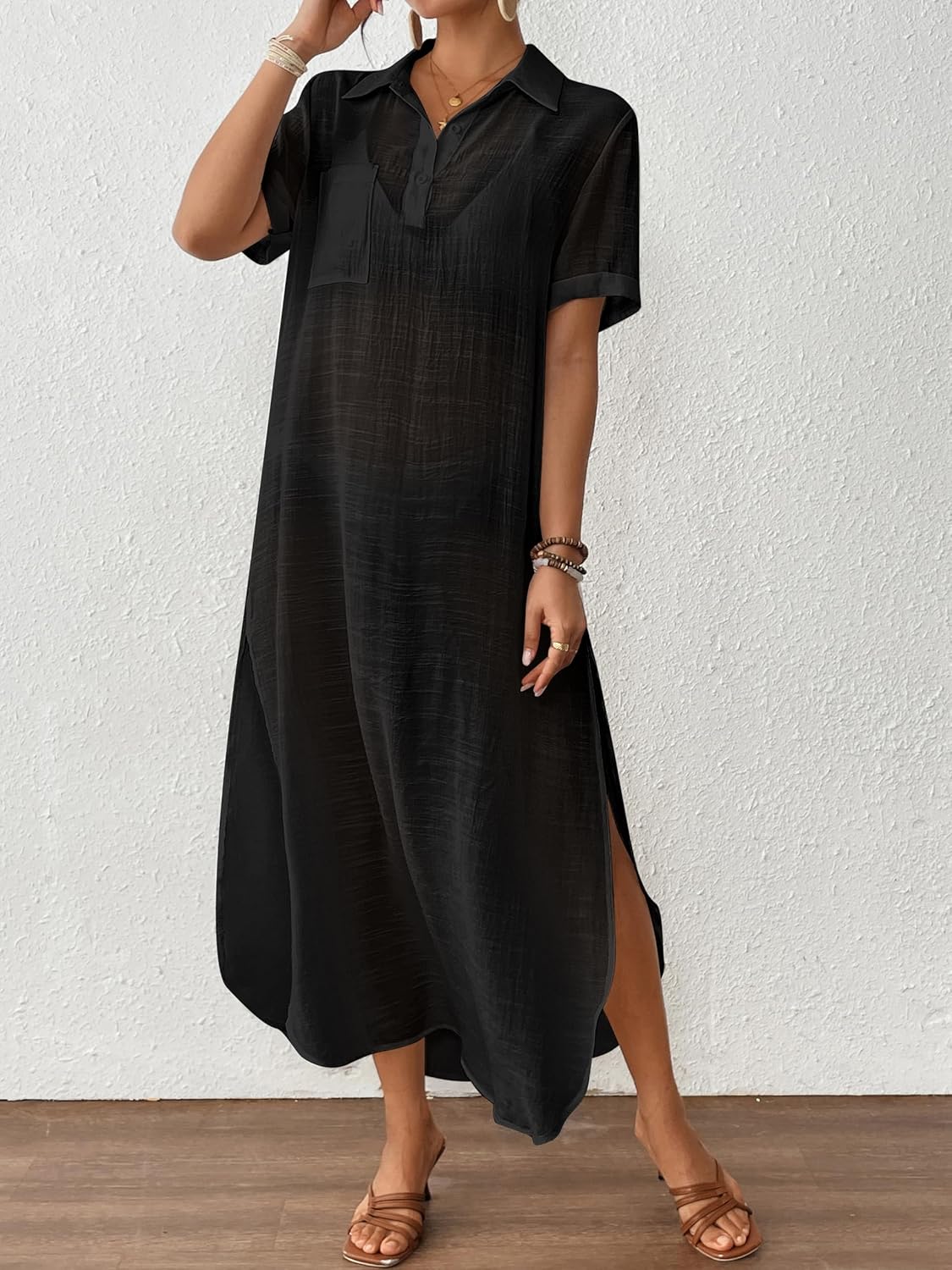 Bsubseach Womens Bathing Suit Cover Up V Neck Long Swimsuit Cover Up Beach Shirt Dress Swimwear with Pockets - Image 6