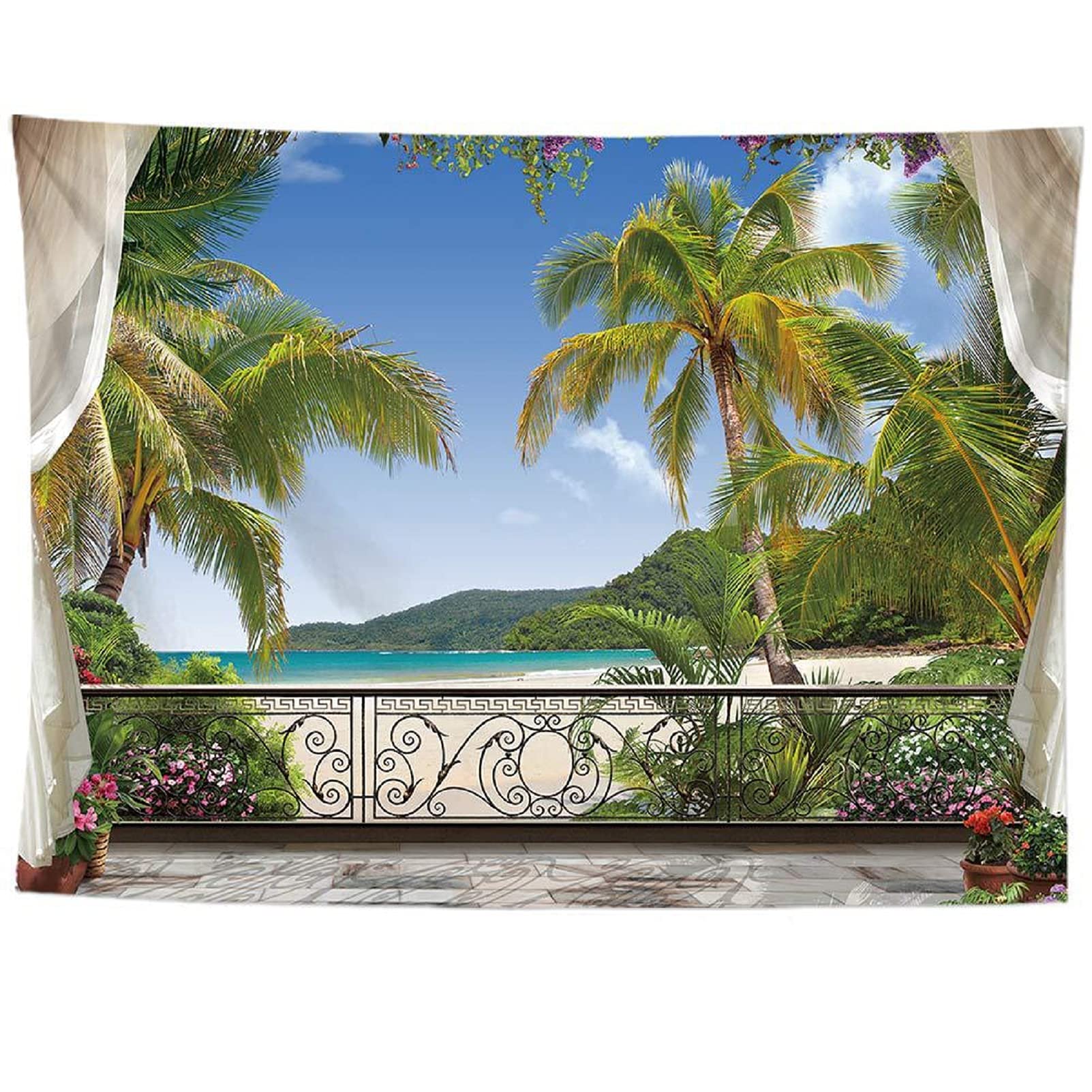 izielad Balcony Sea Ocean Beach Palm Tree Tapestry Wall Hanging Decoration for Apartment Dorm Bedroom Living Room 73X95CM 28.7X37.4IN