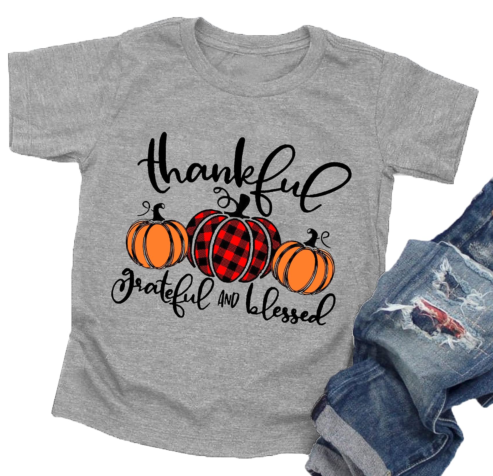Thankful Grateful Blessed Shirts Toddler Boys Girls Thanksgiving Pumpkin T-Shirt Graphic Fall Tshirts