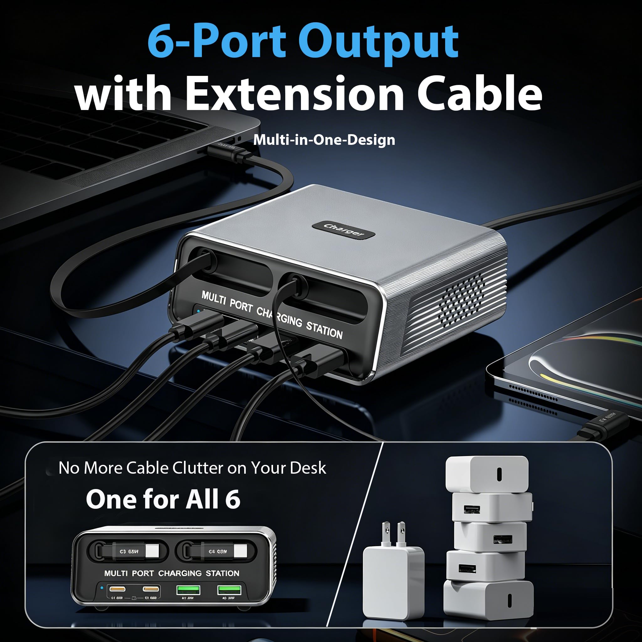 Stazione di ricarica GaN 6 in 1 per più dispositivi, caricabatterie rapido USB-C da 65 W con 2 cavi retrattili, piccola multi porta compatibile con MacBook/iPad/Phone 17/16/Samsung, design silenzioso