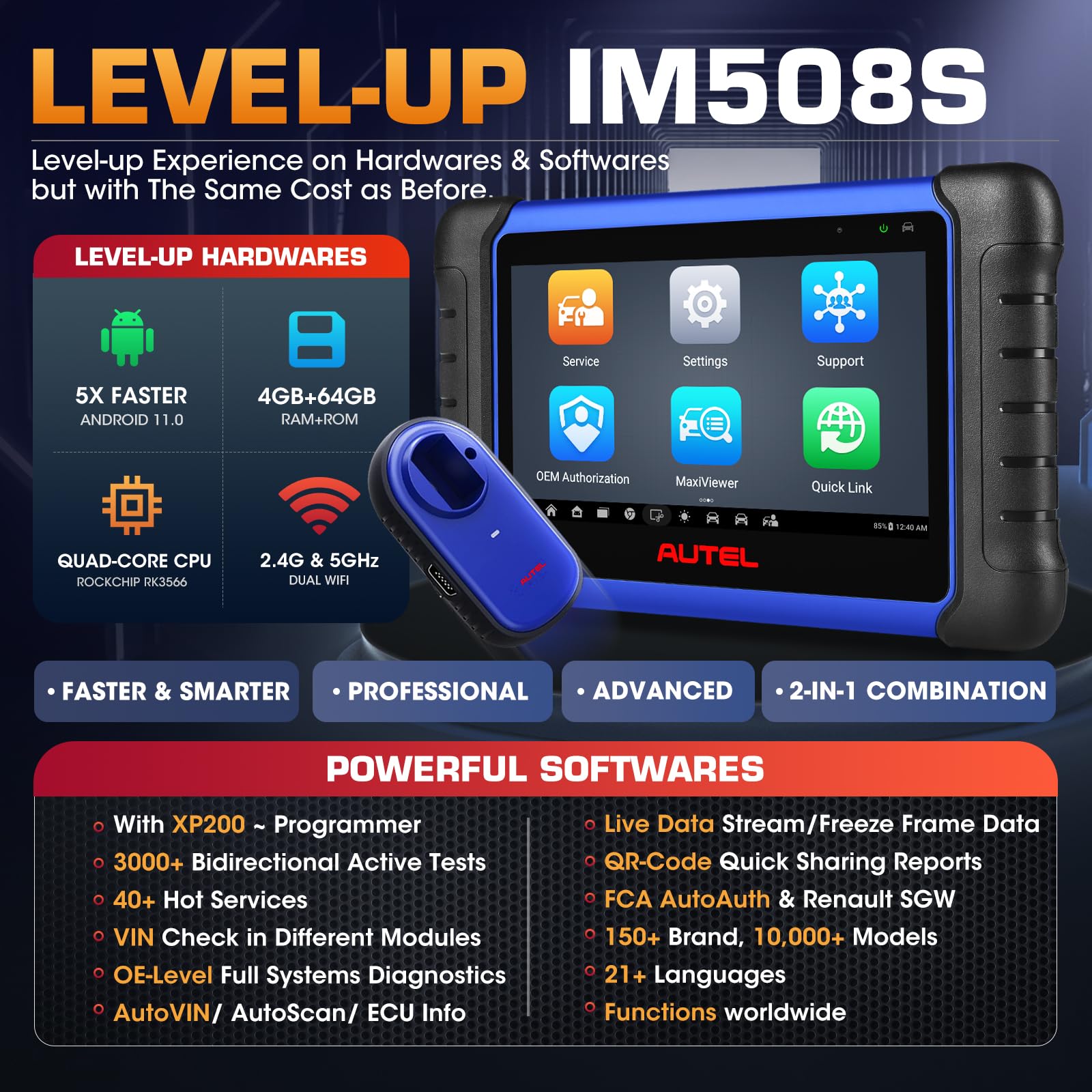 Autel Scanner MaxiIM IM508S, 2025 Up of IM508 KM100, Both Scan Tool & Programmer Tool, Programming with XP200, Smart & Expert Mode, 3000+ Bidirectional Tests, 40+ Resets, OS11, 4-Core, 4/64G, AutoAuth