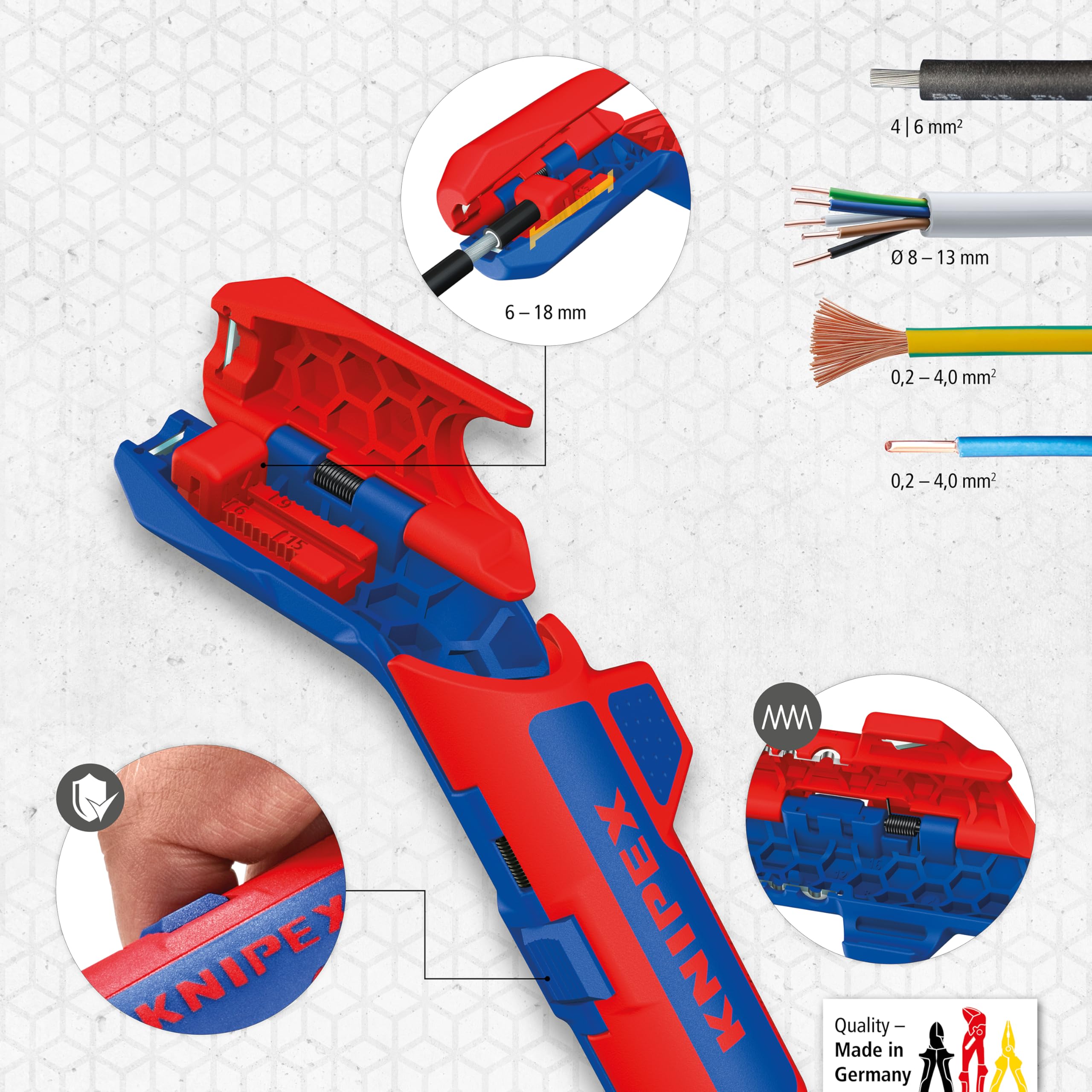 KNIPEX ErgoStrip PV narzędzie do ściągania izolacji z przewodów instalacji fotowoltaicznej 135 mm, 16 95 03 SB