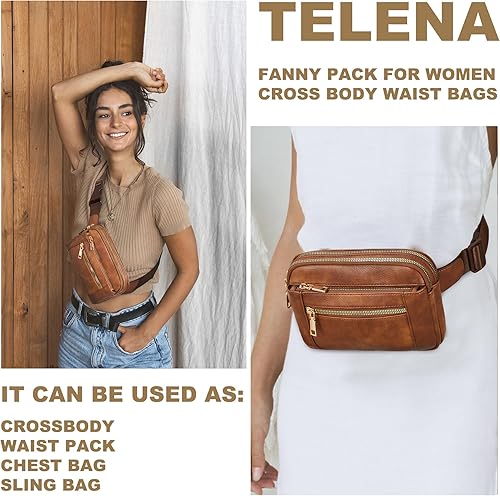 Miniatura 2 de Telena Riñoneras para mujer con correa ajustable de cuero cruzado, Marrón