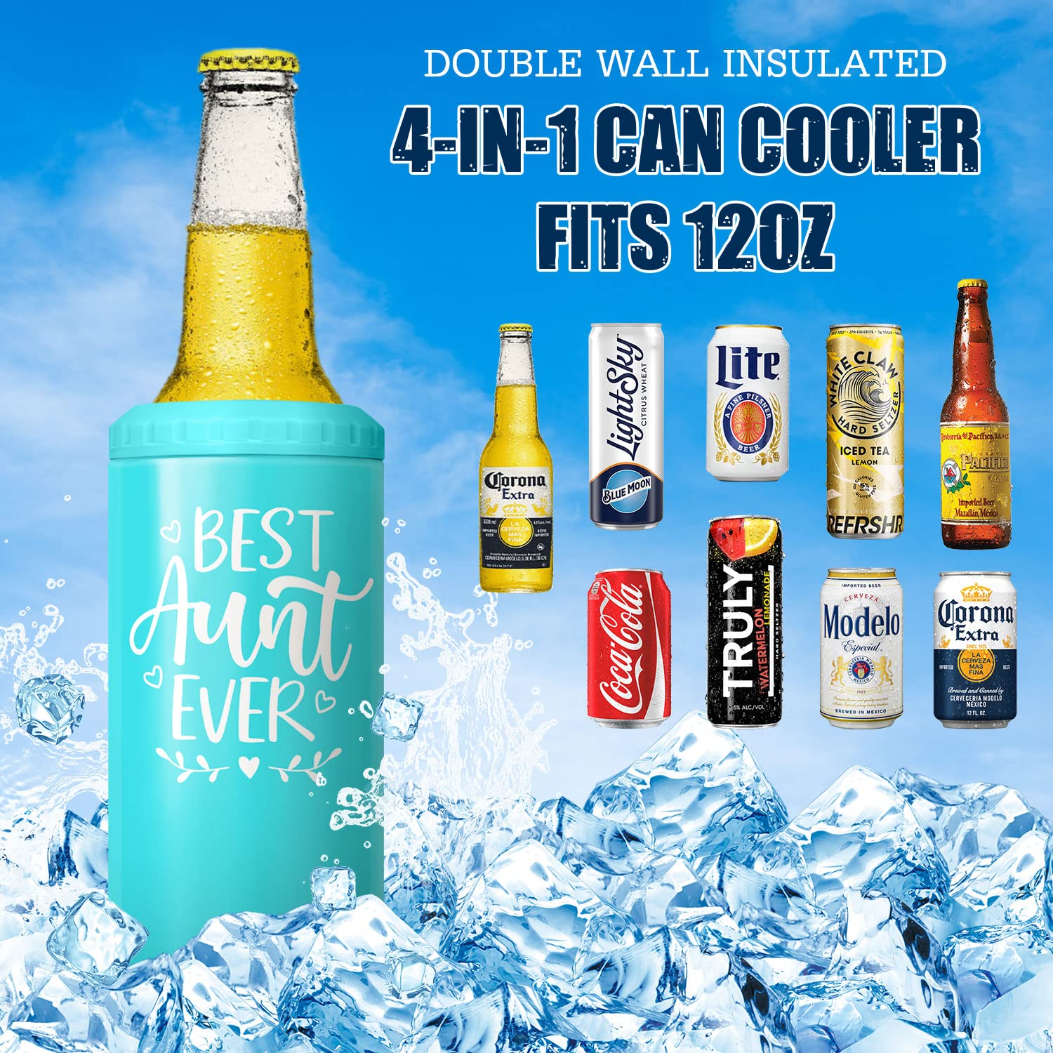 SANDJEST Best Aunt Ever Tumbler - 12oz 4-in-1 Design Tumbler Can Cooler Cup with Slide Lid for Aunty - Stainless Steel Insulated Cans Coozie Travel Mug Christmas Gifts for Aunties from Niece, Nephew