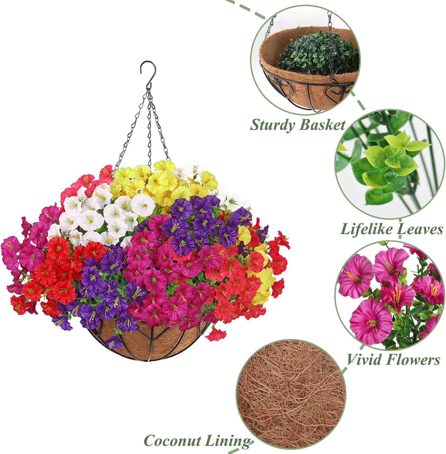 KHOYIME Artificial Hanging Flowers Plants Basket for Outdoors Indoor, 2 Set Faux Silk White Yellow Purple Fuchsia Red Pink Morning Glory Fake Eucalyptus Planters Spring Summer Home Garden Patio Decor - Image 7