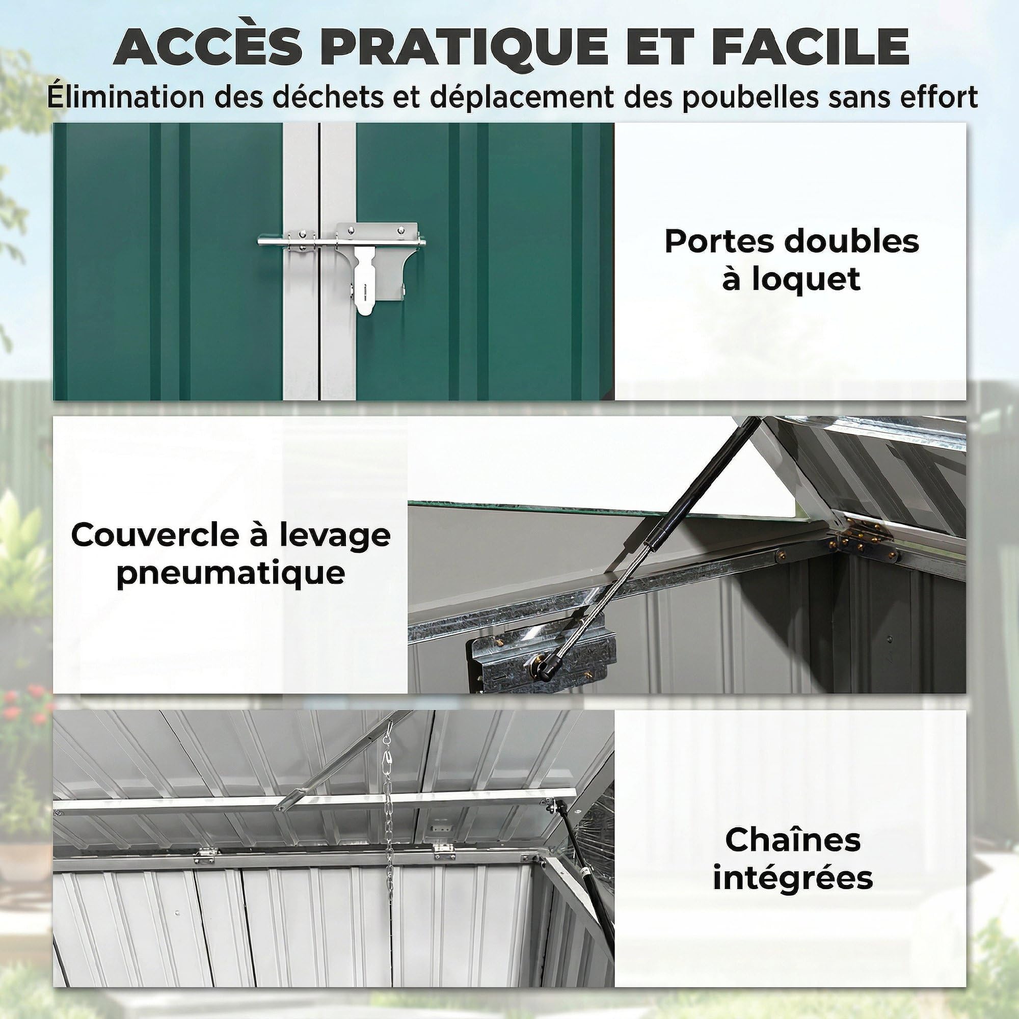 Outsunny Cache Poubelle Double Acier Galvanisé pour 2 Poubelles de 240L - Abri de Jardin avec Couvercle Lié par Chaînes, Vérins à Gaz et Portes Verrouillables - Coffre de Jardin 179,5x108x129,5cm Vert