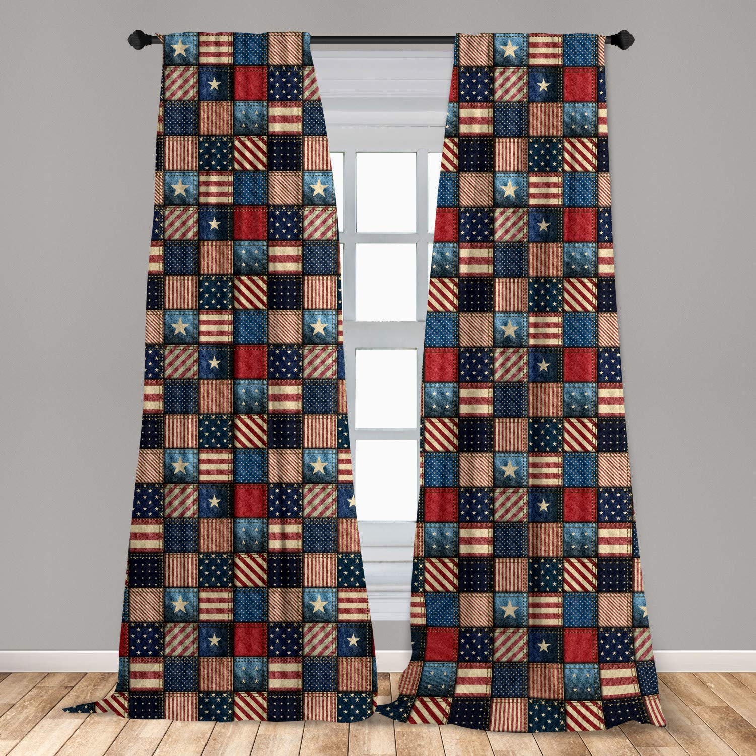 LunarableUnited States Window Curtains, American Flag Patchwork Vertical and Horizontal Stripe Star Forms, Lightweight Decor 2-Panel Set with Rod Pocket, Pair of - 28" x 84", Blue and Red
