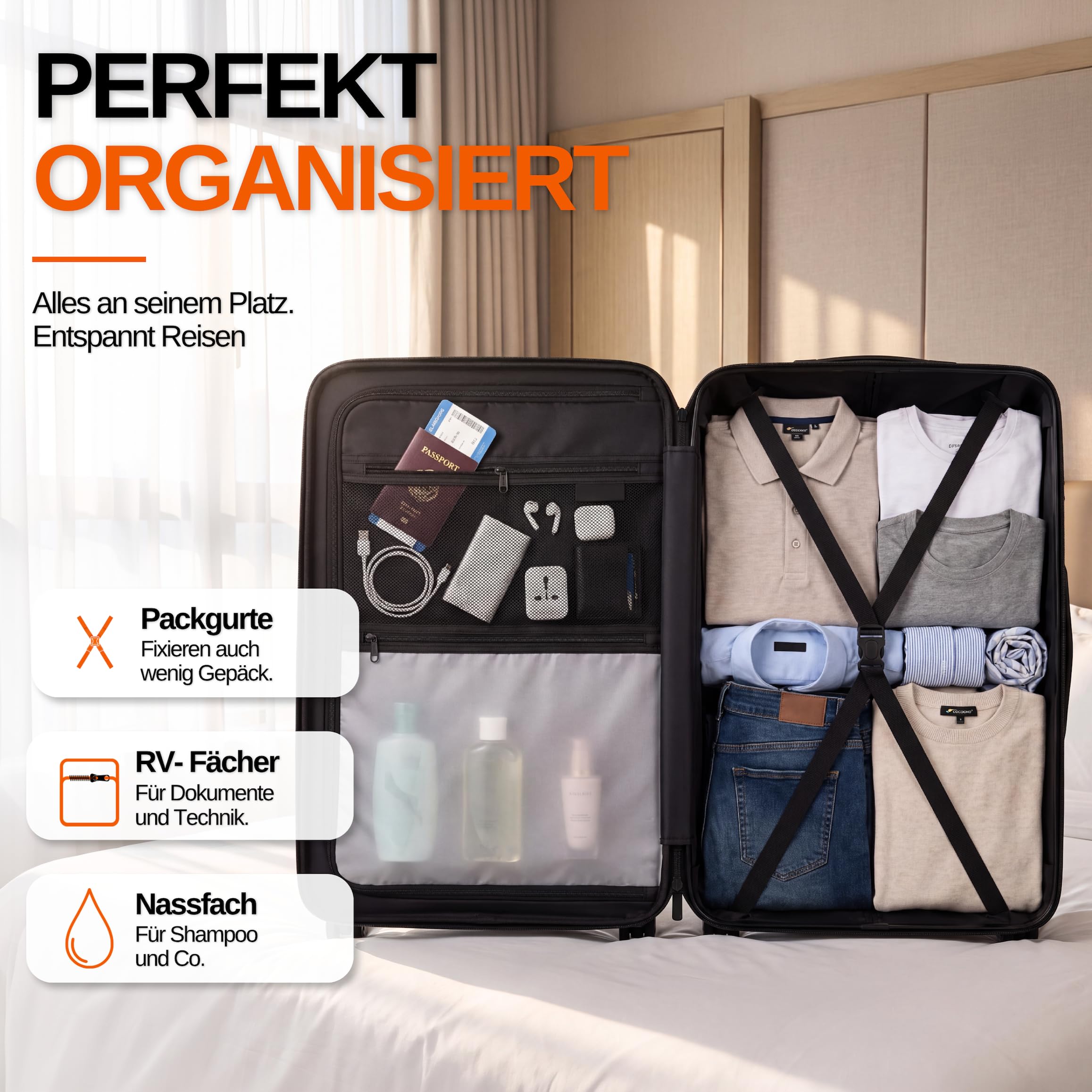 Cocoono Hartschalenkoffer XL Groß - 100L Volumen erweiterbar auf 117L - 158cm Gurtmaß - 8 Rollen 360° drehbar - Leichter Koffer mit TSA Schloss & Teleskopgestänge - Reisekoffer (Schwarz, XL)