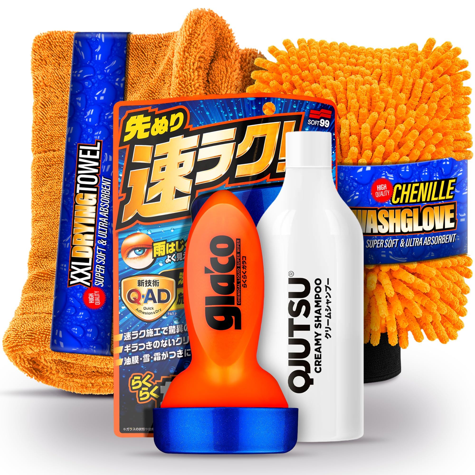 Auto Scheibenversiegelung Set | Soft99 QAD Glasversiegelung + QJUTSU Creamy Shampoo + Waschhandschuh + Trockentuch | Regenabweiser für Autoscheiben + Autoshampoo | Nano Versiegelung