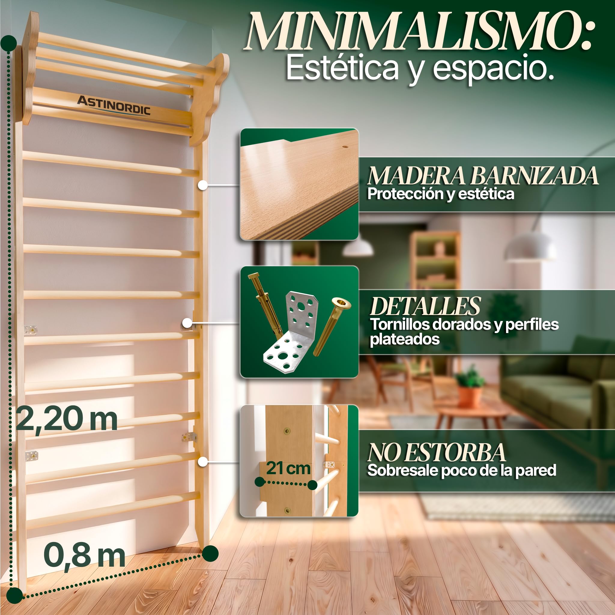 Espaldera Gimnasio Casa con Barra de Dominadas | Escalera Sueca Madera | Soporta hasta 150 kg | Montaje Fácil, Todo Incluido
