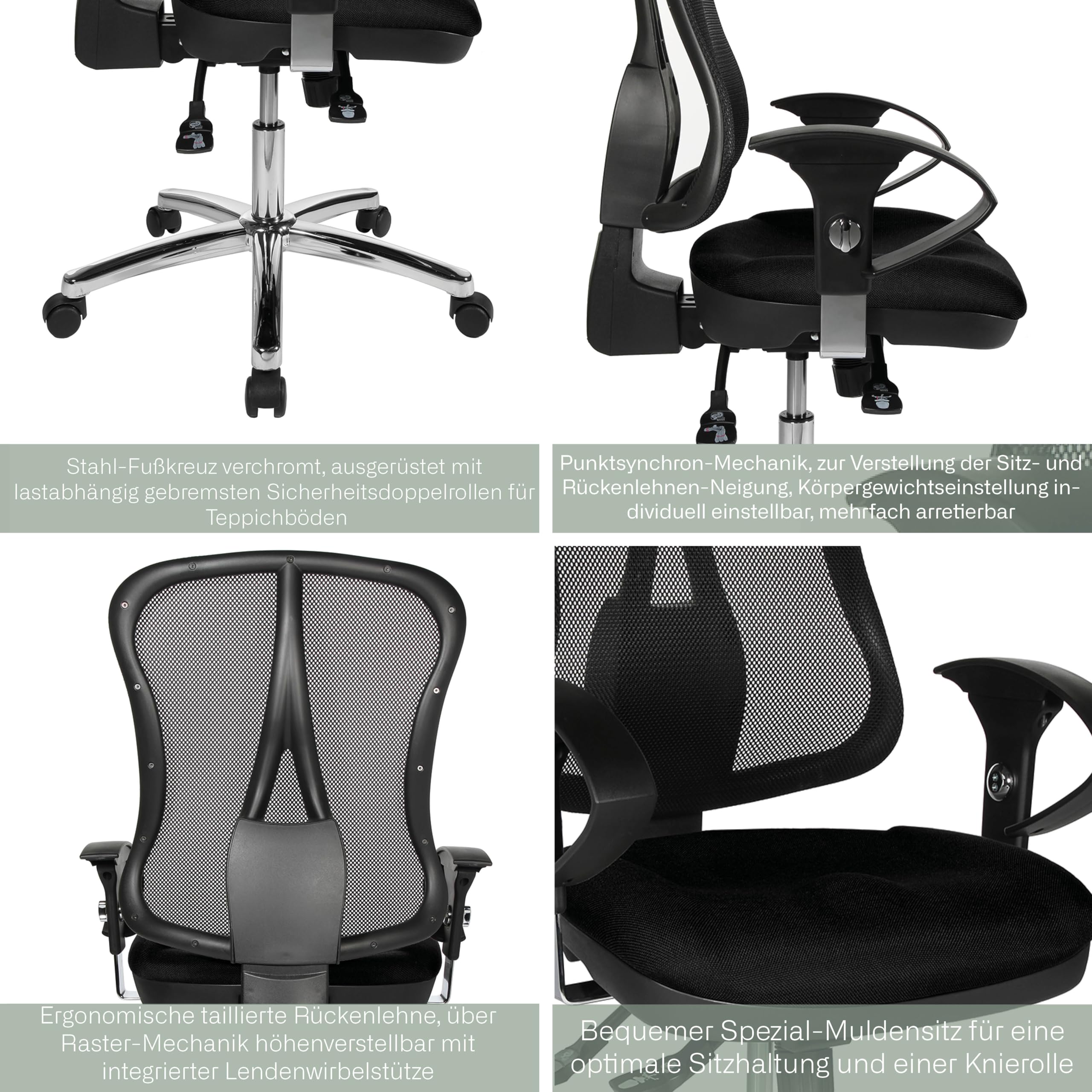 Topstar Head Point SY Deluxe Sedia Girevole per Ufficio, Braccioli Regolabili in Altezza, Rivestimento in Tessuto Nero