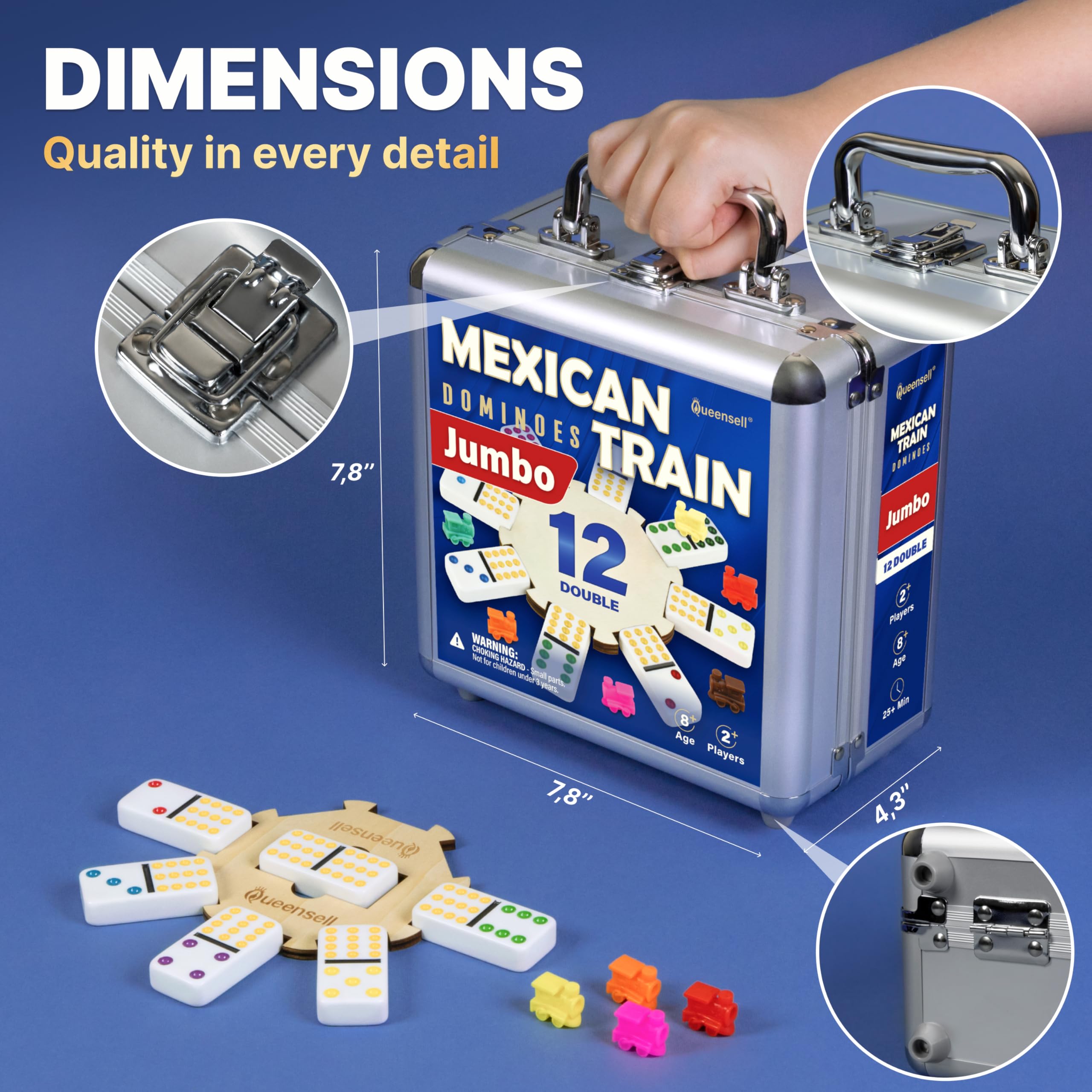 Queensell Mexican Train Dominoes Set Double 12, Jumbo Dominoes Set for Adults 91 Tiles with Colorful Dots, Wooden Hub - Image 4