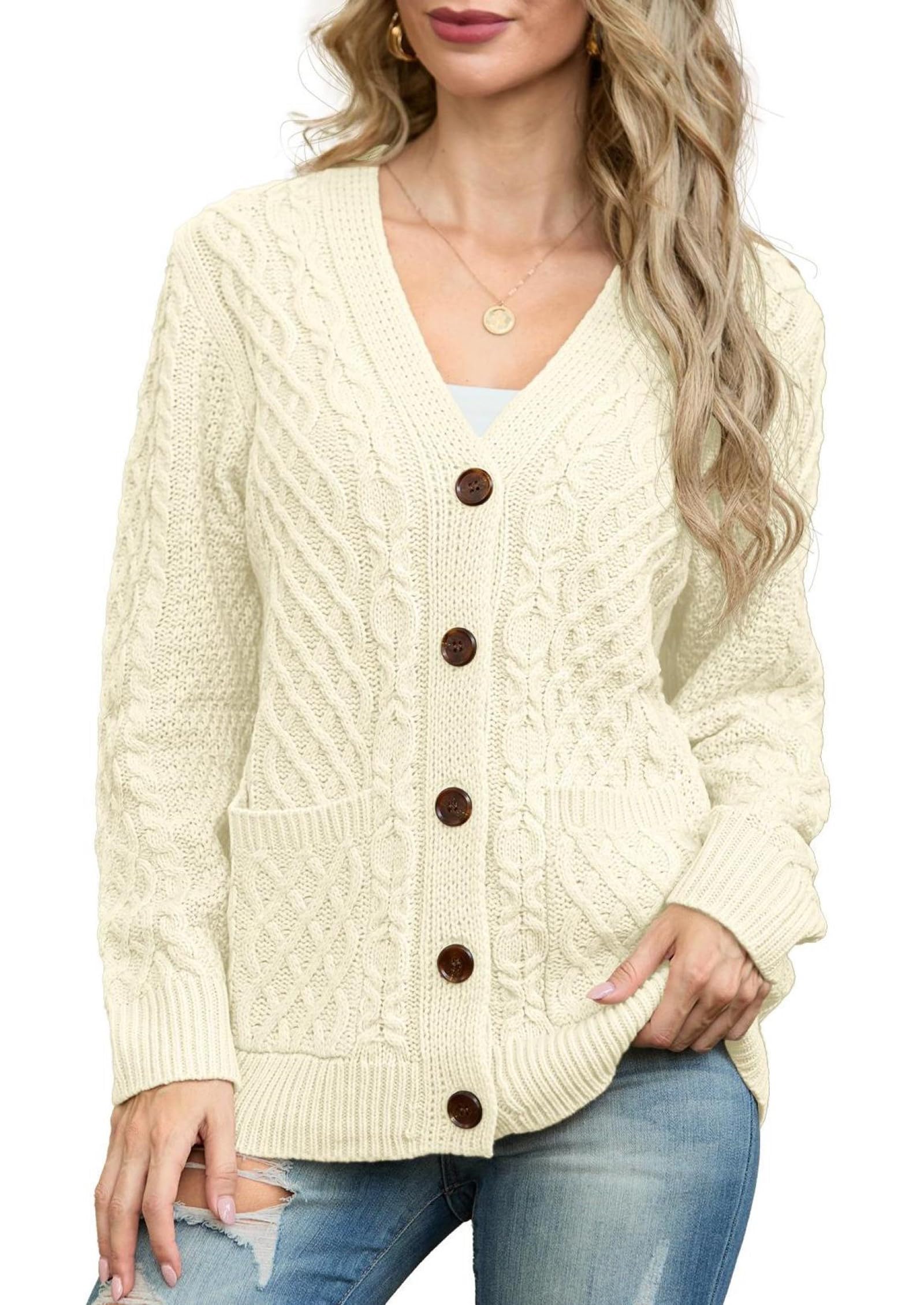 GRECERELLE Cardigan en tricot Aran à manches longues boutonné surdimensionné pour femme avec poches pour l'hiver, l'automne et le printemps
