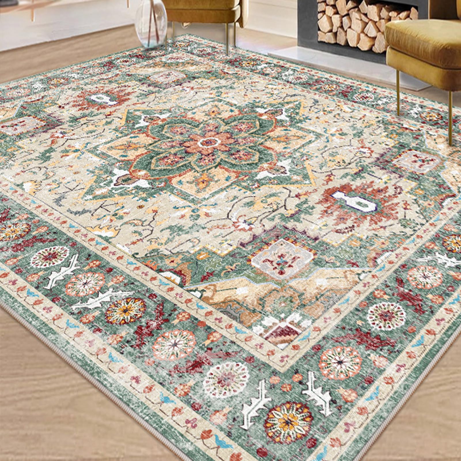 Tapis traditionnel multicolore 60x120 cm floral et vintage en vert et rouge