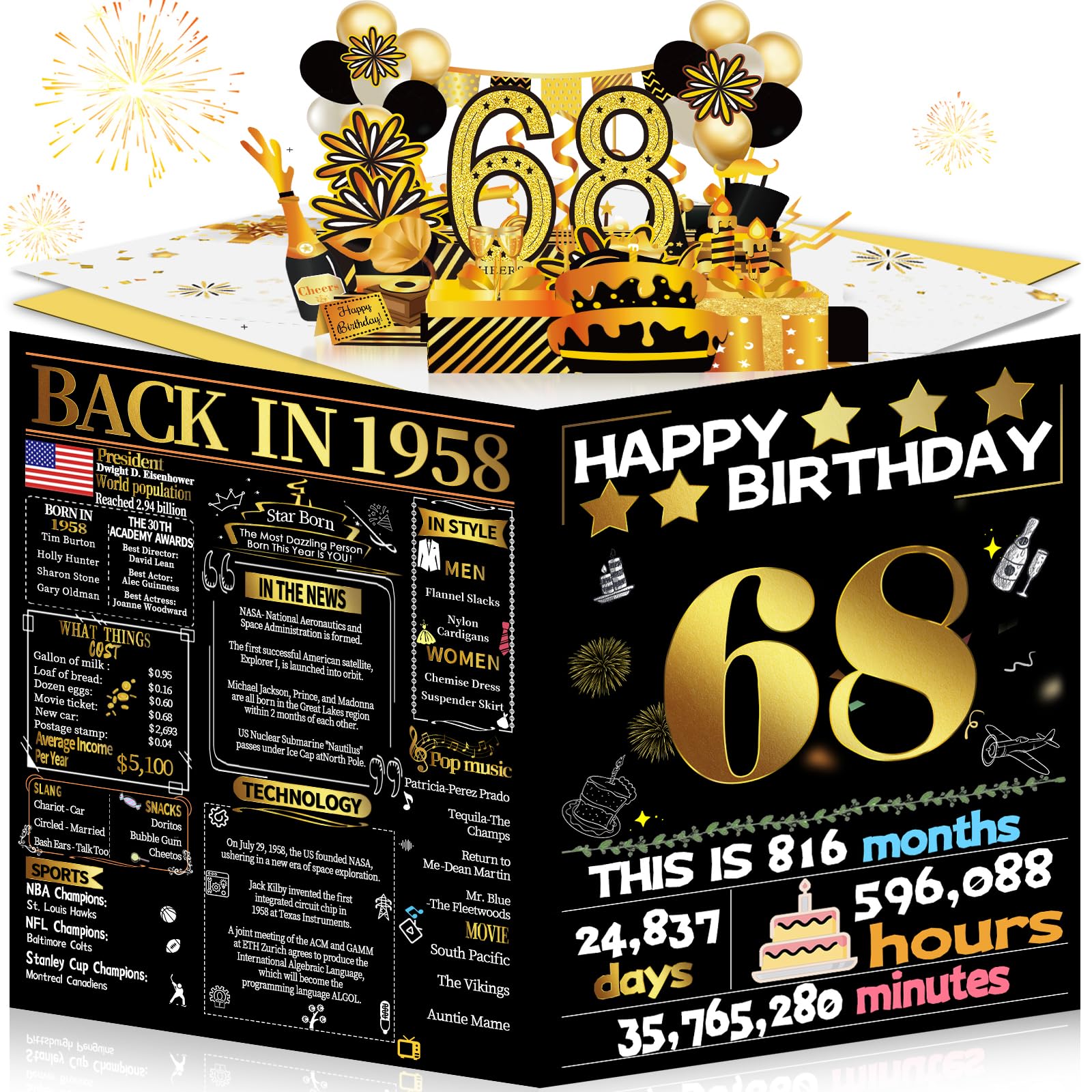 Joycard 68th Birthday Card for Women Men, 3D Pop Up Happy Birthday Gift for Mother Dad, Funny 68 Year Old Birthday Decorations for Wife Husband, Back in 1958 Laser Gold Retro Theme
