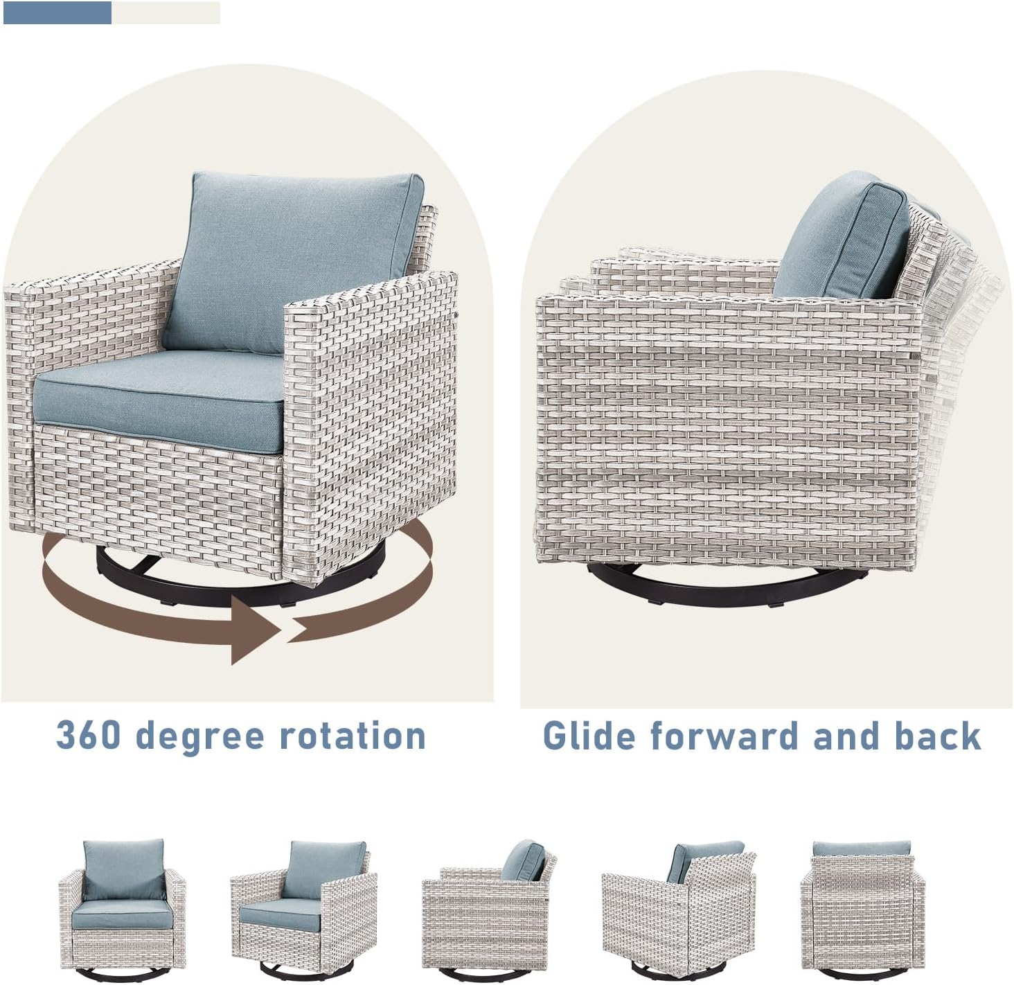 Wicker Patio Furniture Set: 6 Piece Outdoor Patio Set with 2 Swivel Chairs, 1 Side Table, 2 Ottomans, and a Couch, Light Grey / Light Blue