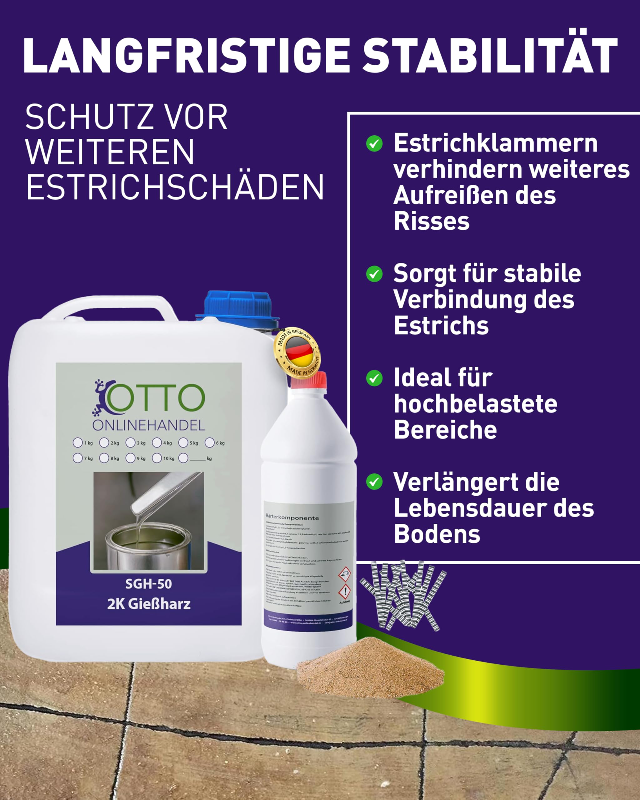 SGH-50 Gießharz (1,5 kg) Set zum Estrich reparieren (inkl. Estrichklammern und Quarzsand) farbloses 2K Epoxidharz Injektionsharz Vergussmasse Laminierharz zum Risse verharzen