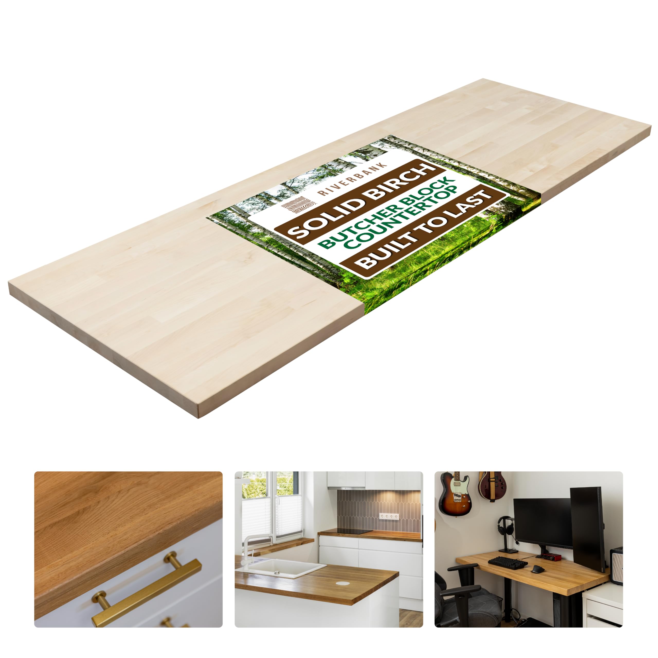 Riverbank Birch Butcher Block Countertop, 74" Long, 39” Wide & 1.5” Thick Unfinished Solid Wood Tabletop, Built to Last Hardwood Board for DIY Kitchen