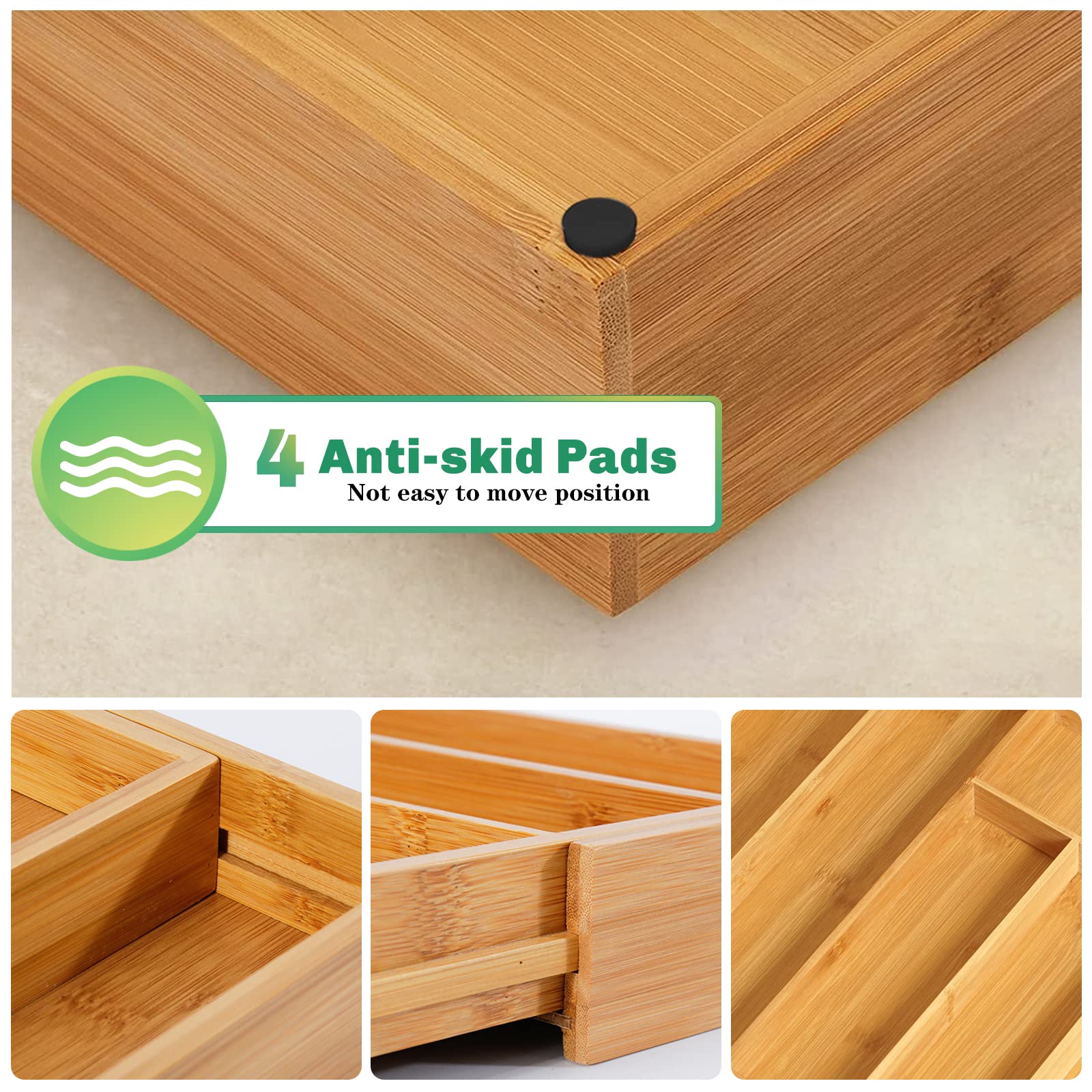 JOYBOY Caja de cubiertos de bambú,Organizador de Cubiertos de Madera+1 cepillo de limpieza,Bandeja para cubiertos con 7 a 9 Compartimentos,Cubertero Ajustable 32-52 * 41 * 5cm