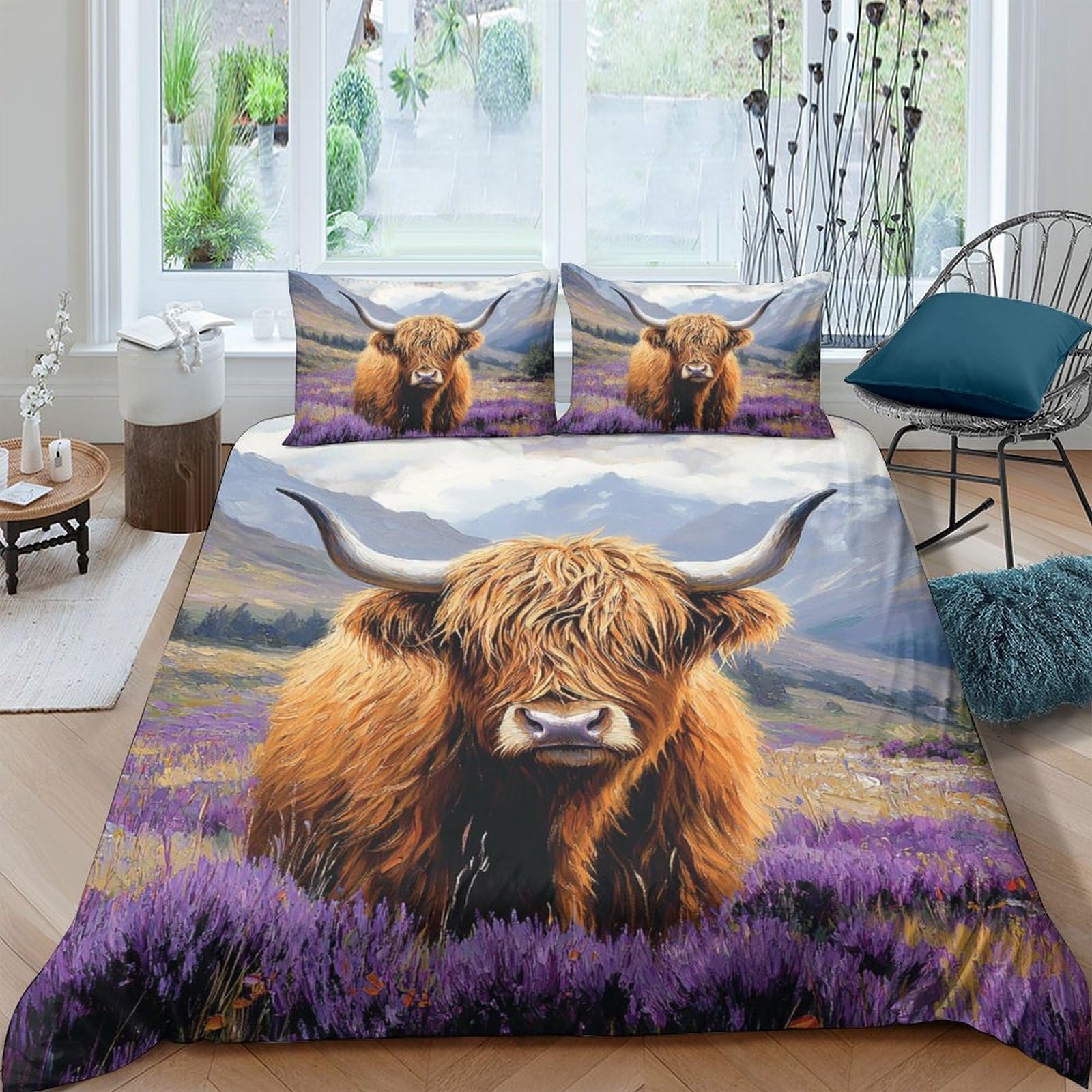 Ctjqhvkz Style-2 3D Printed Highland Cow Fitted Sheet Microfiber Purple Meadow Bed Cover Anti-Slip Machine Washable For Bedroom Home Decor Single（135X200cm）