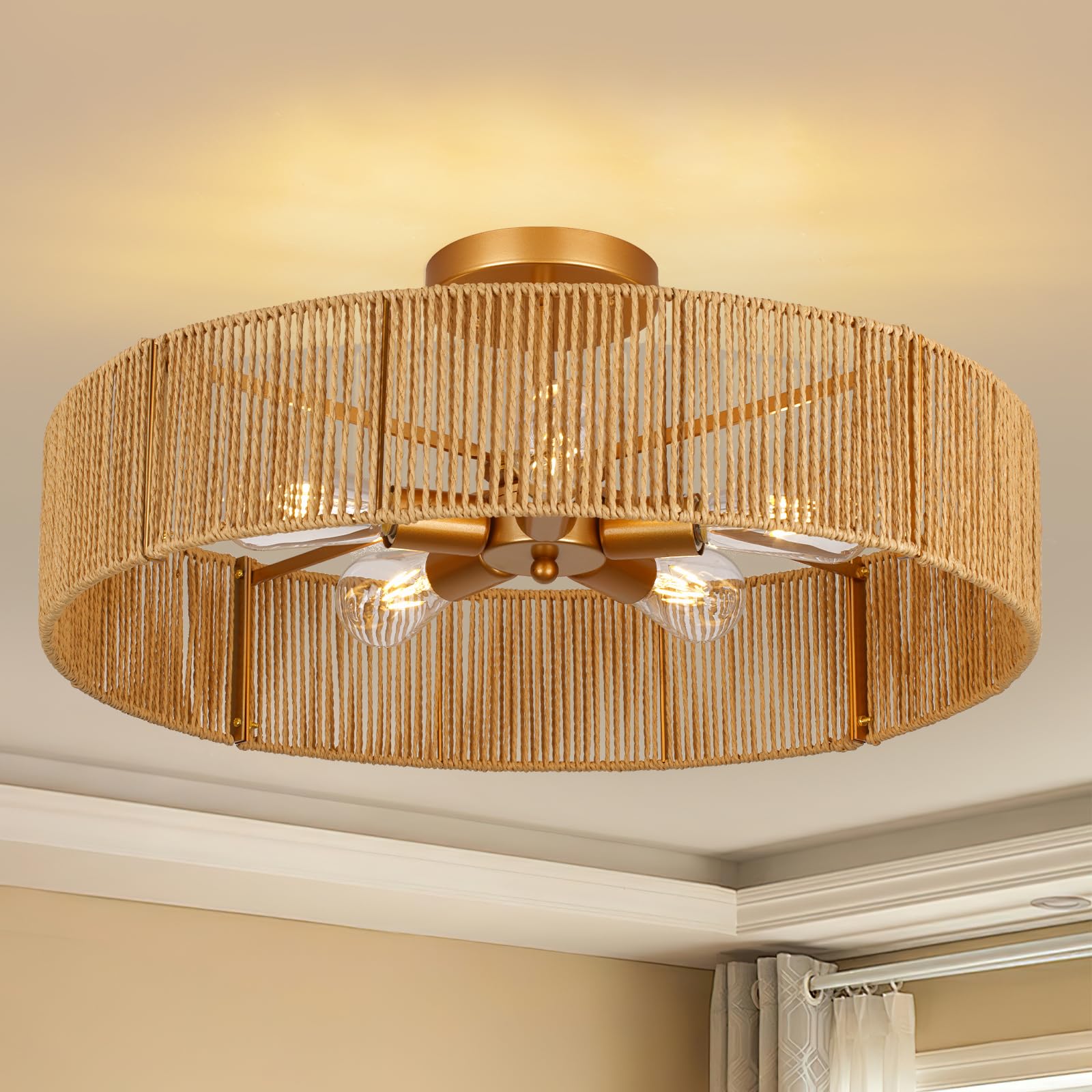 24 Natural Rattan Flush Mount Ceiling Light Fixture 5-Light Gold Hand-Woven Wicker Boho Chandelier for Bedroom Living Room