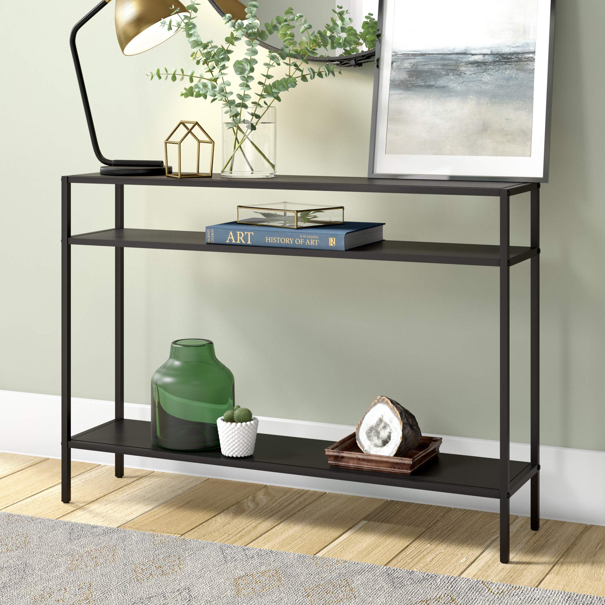 Henn&Hart 42" Wide Rectangular Console Table with Metal Shelves in Blackened Bronze, Entryway Table, Accent Table for Living Room, Hallway