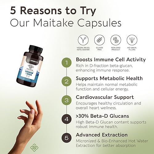 Miniatura 2 de Longevity Botanicals Cápsulas de extracto de hongo Maitake orgánico (120)  Proporción concentrada de 101  Cuerpos 100% fructíferos  Suplemento