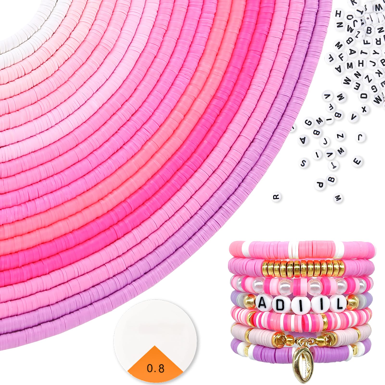ADIIL7200pcs Clay Beads Bracelet Making Kit, 10 Colors 6mm Polymer Heishi Beads for Jewelry Making, Friendship Bracelet Kit with Letter Beads Christmas Birthday Gift for Adults Pink