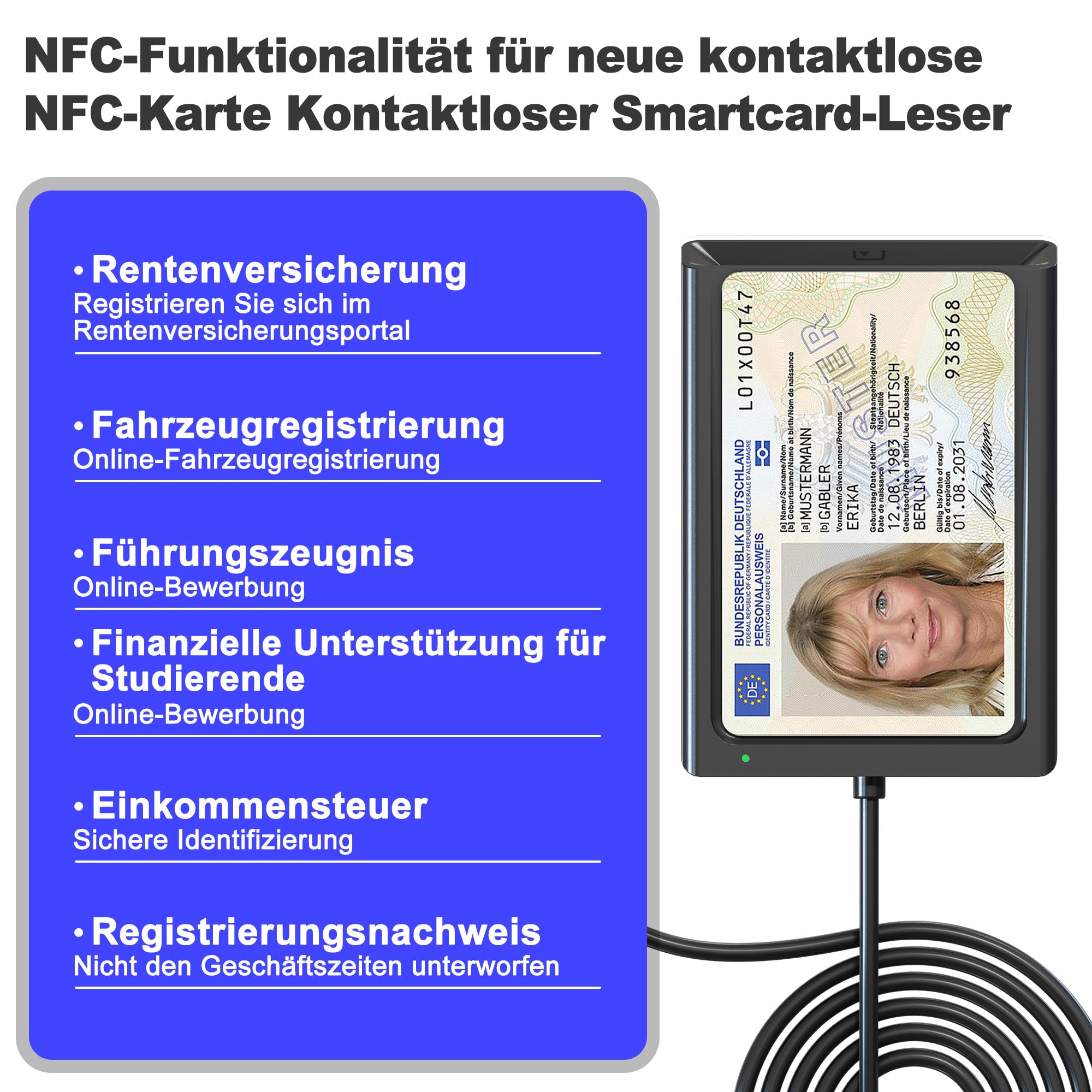 Kartenlesegerät Personalausweis NFC & Chipkartenleser 2in1, NFC Lesegerät & Chipkartenleser für den Neuen Personalausweis Bankkarten, Smartcard Reader NFC kompatibel mit Windows, Linux, Android, Mac