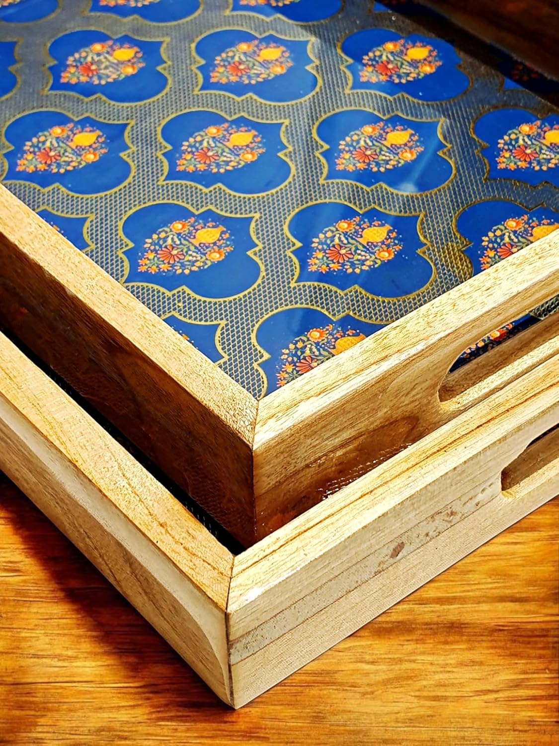 Handcrafted Teakwood Serving Tray Set of 2, Decorative Rectangular Trays with Handles, Breakfast in Bed, Coffee Table, Dinner, BBQ, Snacks, Appetizers, Lap Desk Tray for Couch - Blue