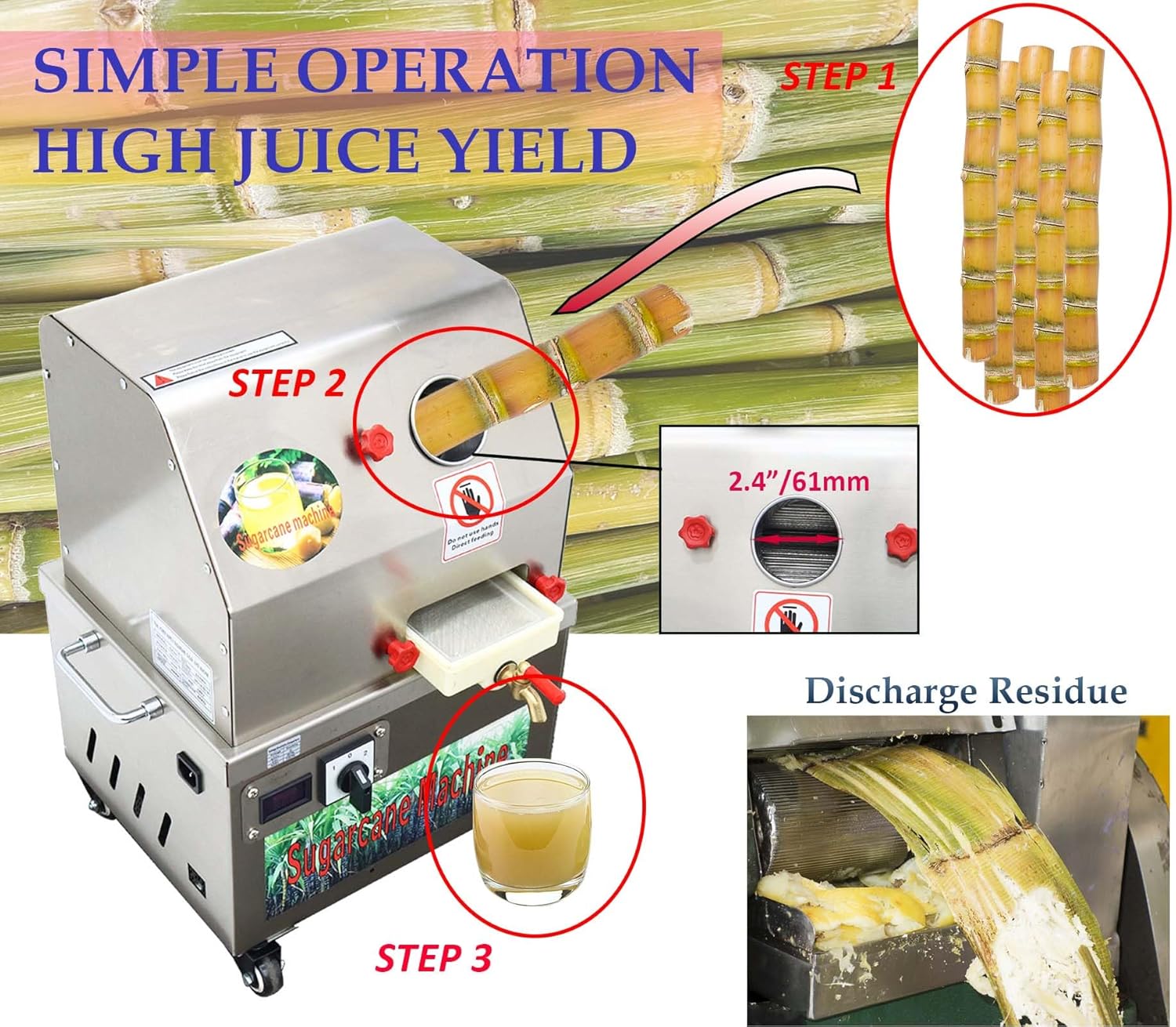 24V DC/110V AC Sugarcane Juice Machine,60%-80% Yield, 3-Roller Stainless Steel Sugar Cane Juicer Machine, Cane Juicer with filter box, for Home or Commercial Use