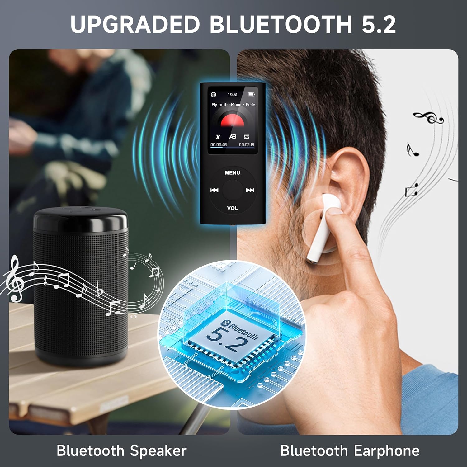 MP3 Player with Bluetooth 5.2,Portable Music Player with 32GB Memory Card, Stereo Earphone, Voice Recorder/Video/Photo Viewer/E-Book for Kids,Gift,Blue (Black)