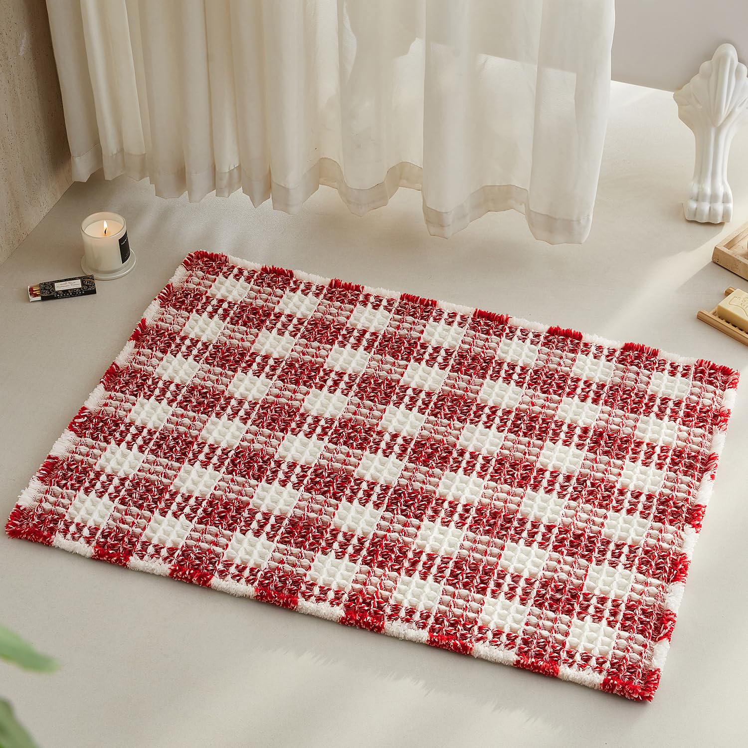 TYUU Christmas Bathroom Rugs, Cute Waffle Bath Mat, 36x24 Red &amp; White