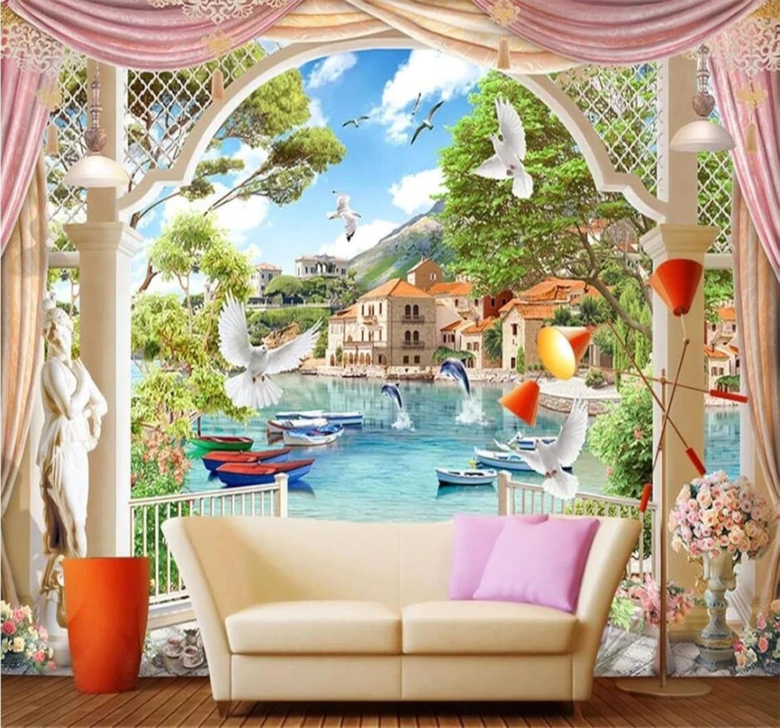 XLMING Aesthetic Windows Architecture Landscapes Seascapes 3D Wallpaper Silky Texture Home Study Office Grey Dining Room Sofa Bedroom Living Room TV Backdrop-430cm×300cm