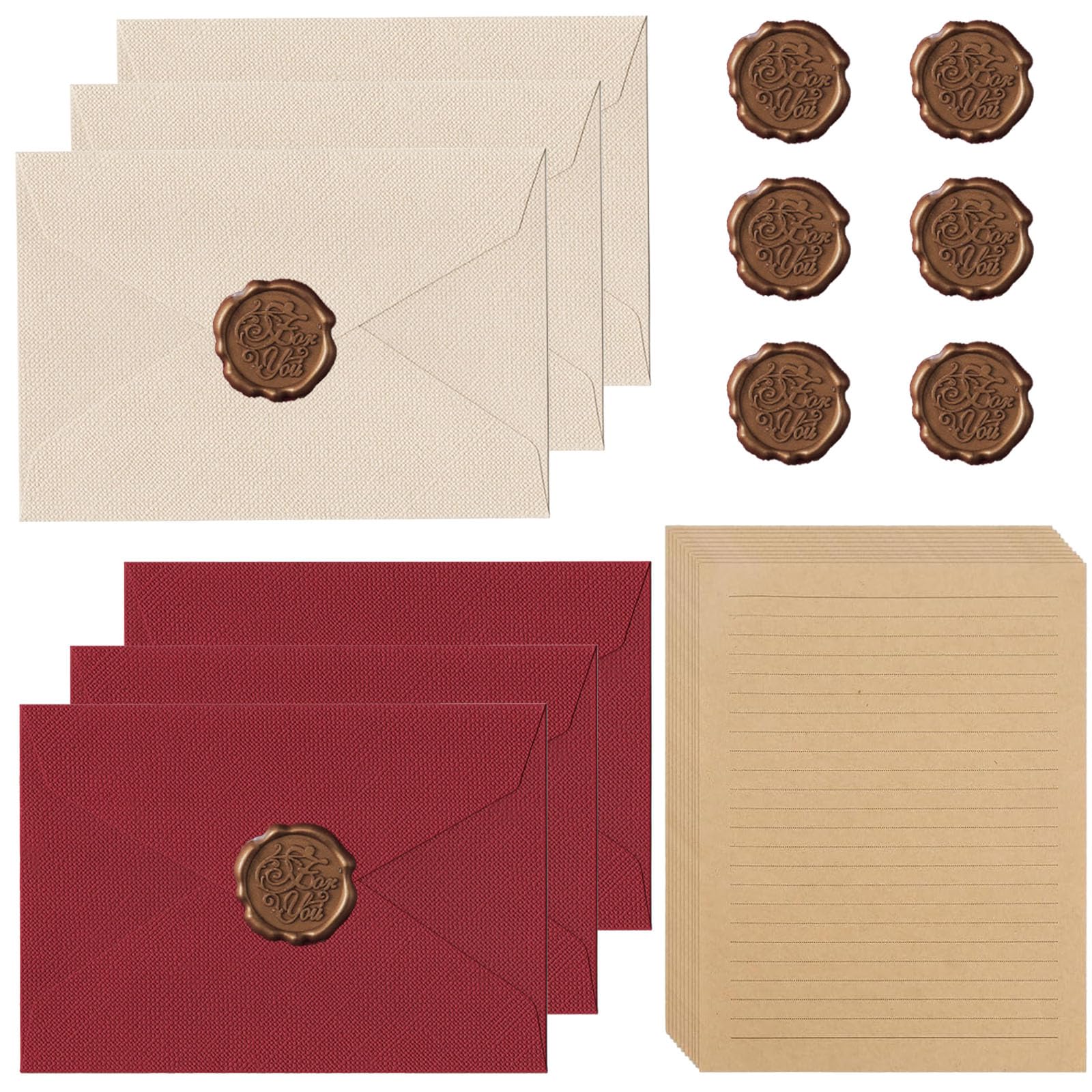 Set di 22 pezzi carta da lettere vintage A5 con 6 buste in lino e sigilli di cera per inviti nozze