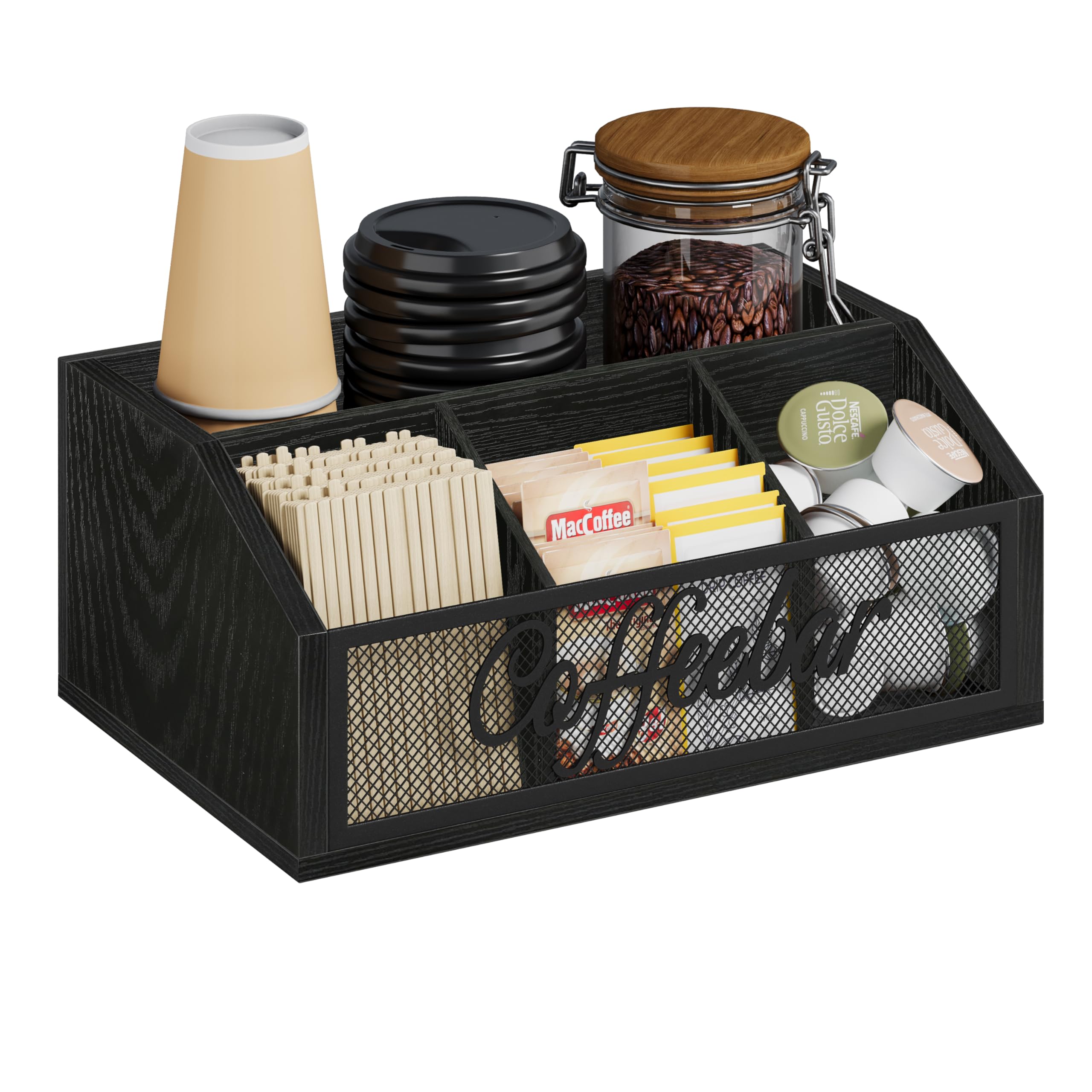 YINMIT Coffee Station Organizer for Countertop, Wood Coffee Bar Organizer with Removable Dividers for Pods, Syrup, Cups, Stirrer, Tea - Office Bar Accessories, Iron Mesh-Black