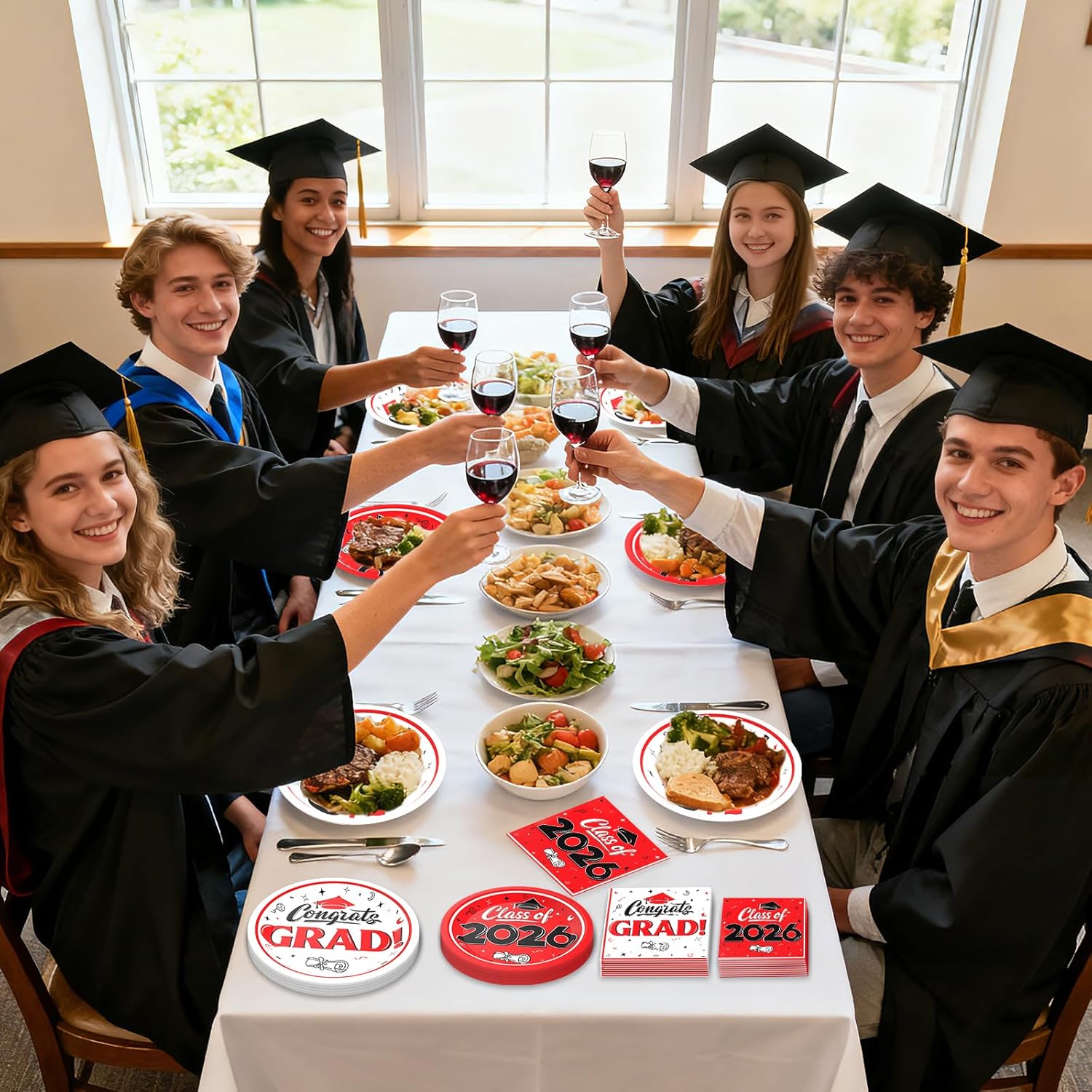 Graduation Decorations 2026, 200 Pcs Class of 2026 Graduation Party Supplies Kit with Paper Plates, Luncheon and Cocktail Napkins, Congrats Grad Decorations for 50 Guests (Red)