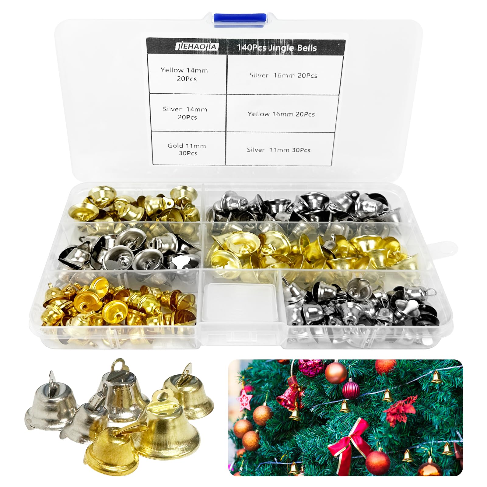 140Pcs Small Metal Jingle Bells for Crafts with Storage Box for Festival Home Party Christmas Tree Decoration (11 mm/14mm/16mm, Gold,Silver and Yellow)