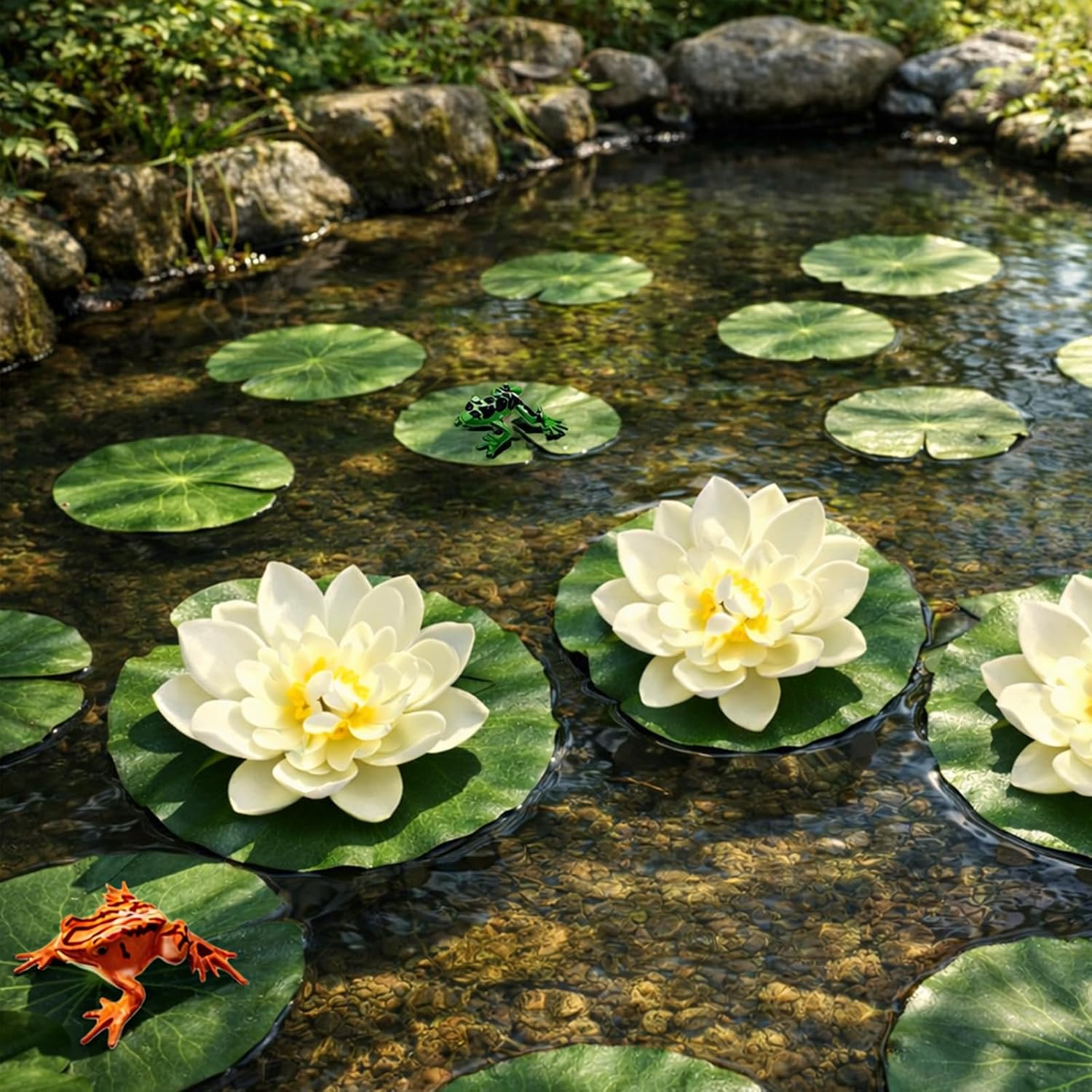 12PCS Artificial Floating Lily Pads Set, 8 Realistic Lily Pads, 2 Lotus Flowers & 2 Floating Frogs, Pond Pool Fountain Water Feature Decorations