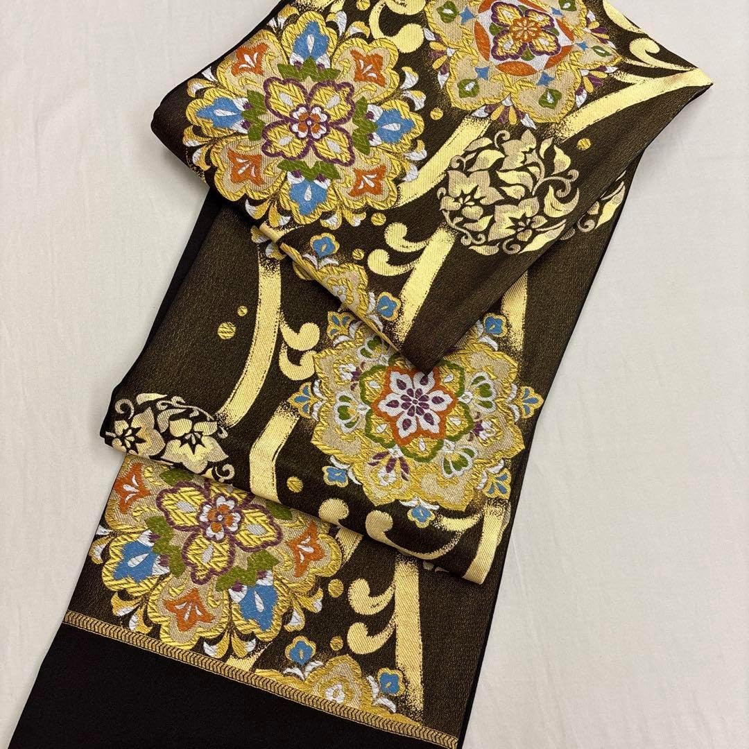 本場筑前博多織 半幅帯 織り出し 花唐草模様 縞模様 正絹 ポケット付No