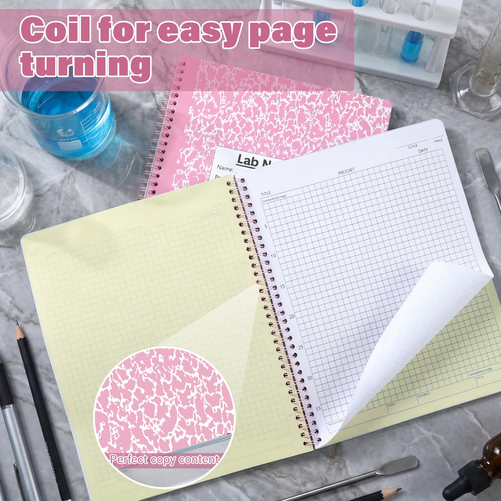 Affrolling Labor-Notizbuch, 2 Stück, kohlenstofffrei, 21,6 x 27,9 cm, 50 Sätze von Seiten, 100 Seiten, insgesamt Labor, Technik, Chemie, Berechnung, Notizbuch, Wissenschaftsraster, Spulenbindung (Rosa