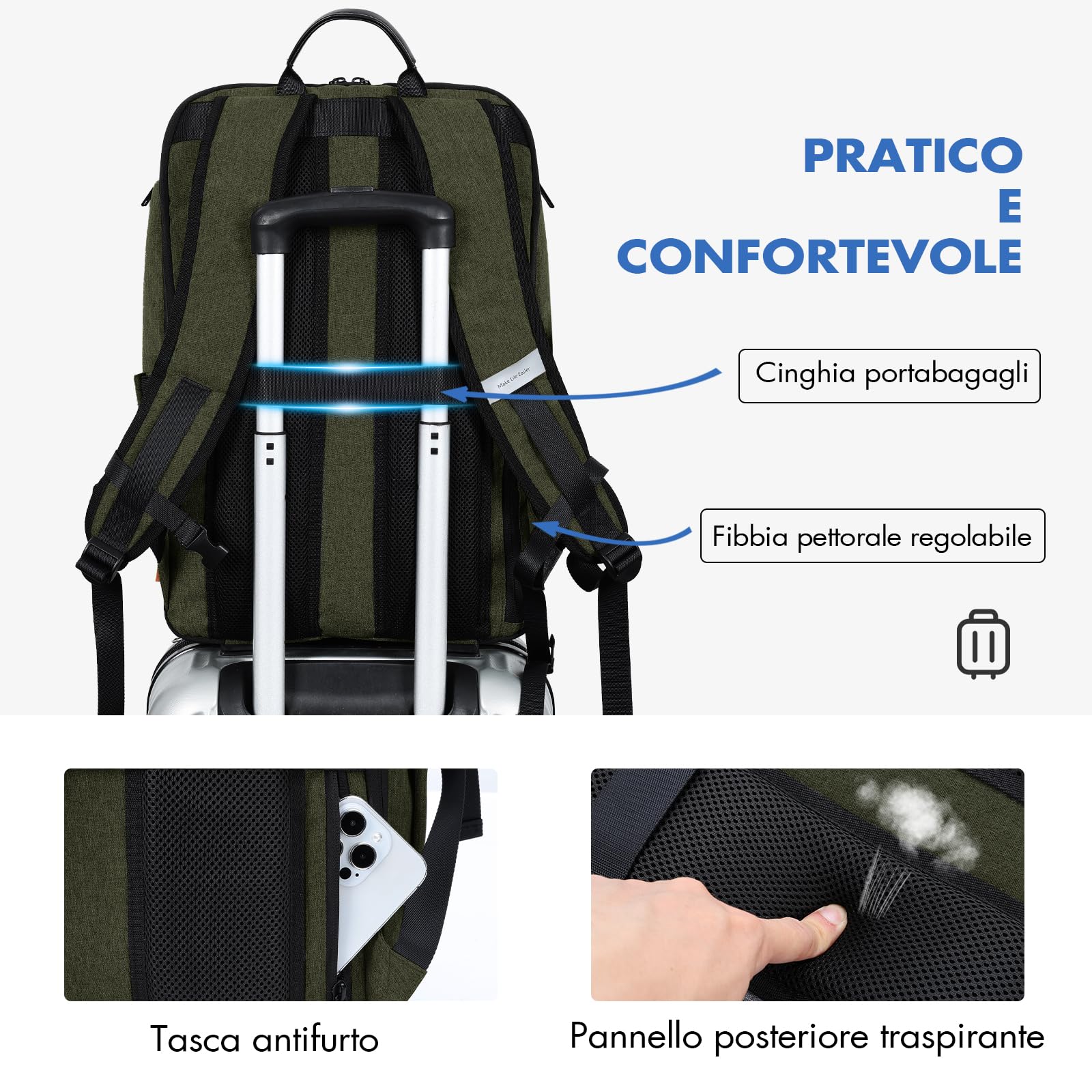 Ponhog Zaino Uomo Porta PC 17 Pollici - Zaino da Viaggio Idrorepellente, Apertura 180° e Design Antifurto, Capacità 30L, Verde